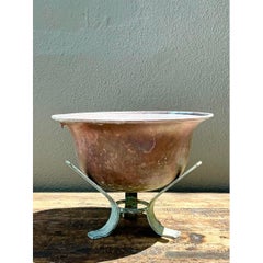 Vintage Patinated Copper Bowl on Verdigris Stand
