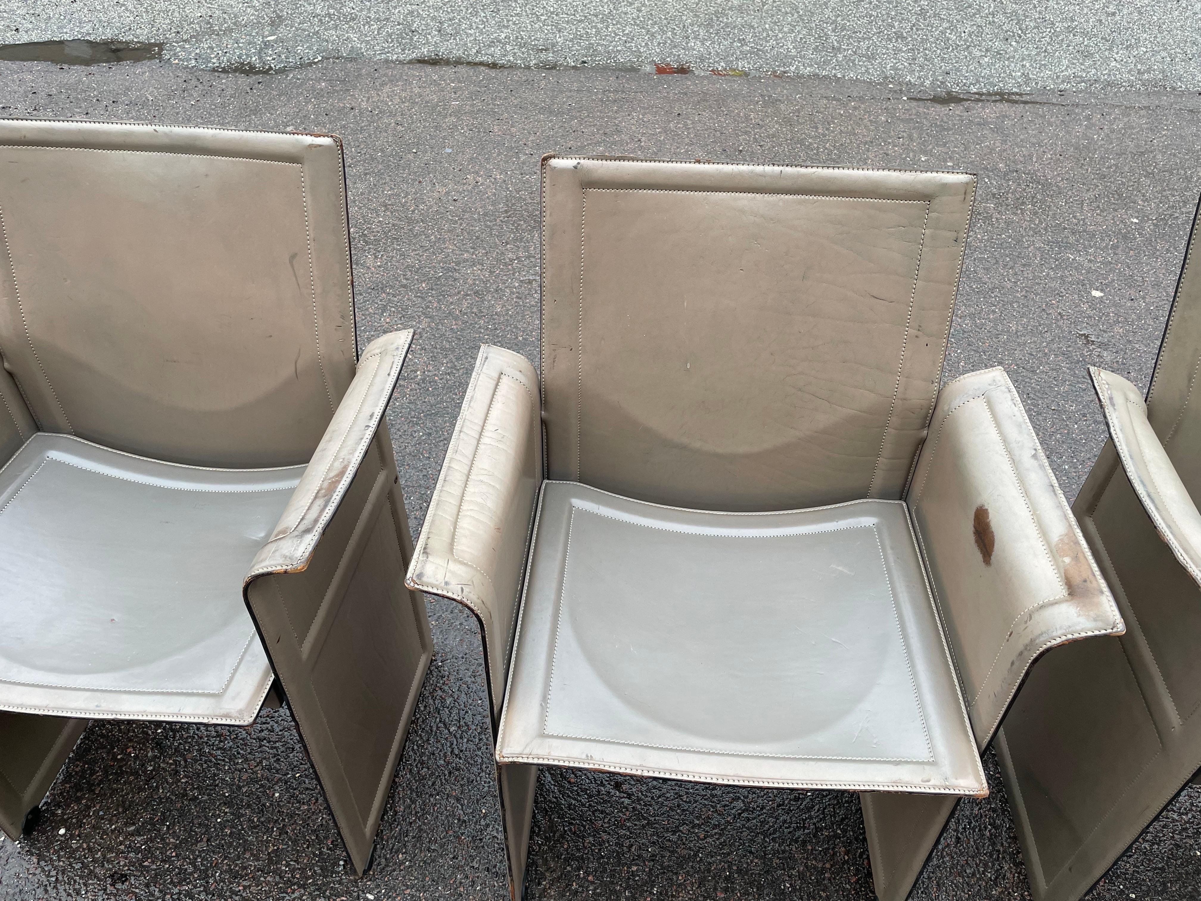 Leather Vintage patinated Dining Chairs by Tito Agnoli for Matteo Grassi, 1980, Set of 4 For Sale