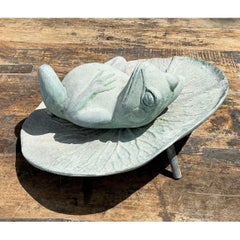 Vintage Patinated Frog on Lilypad Garden Ornament