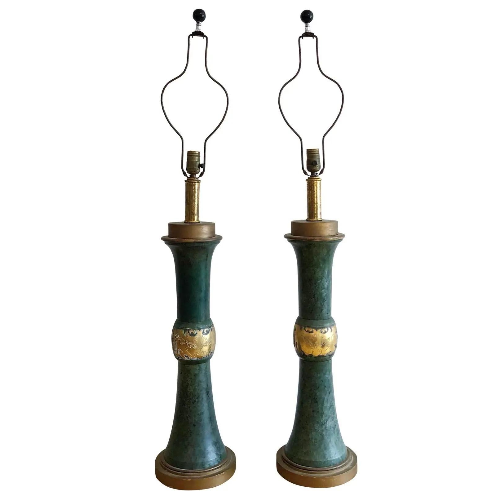 Vintage Patinated Green Brass Moorish Lamps After Pepe Mendoza, a Pair 5