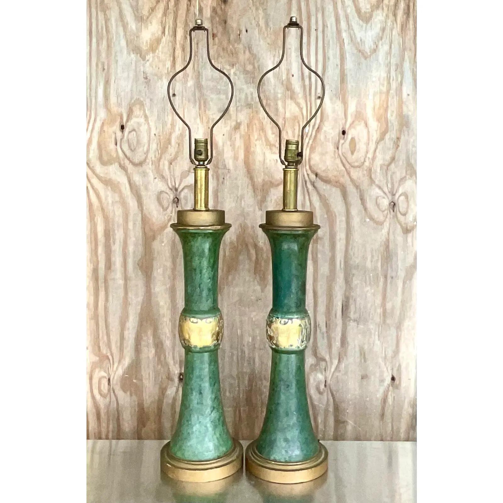 20th Century Vintage Patinated Green Brass Moorish Lamps After Pepe Mendoza, a Pair