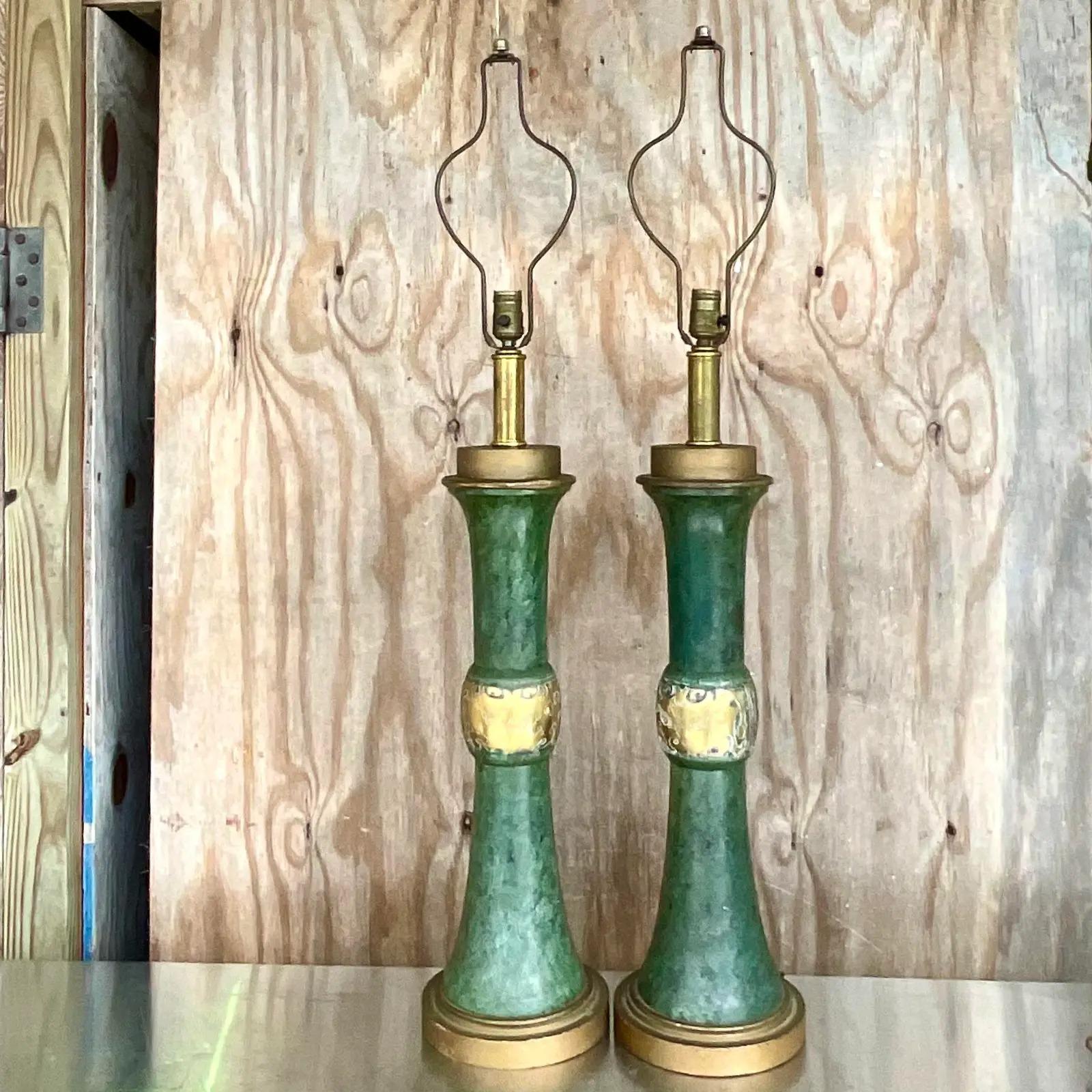 Vintage Patinated Green Brass Moorish Lamps After Pepe Mendoza, a Pair 1
