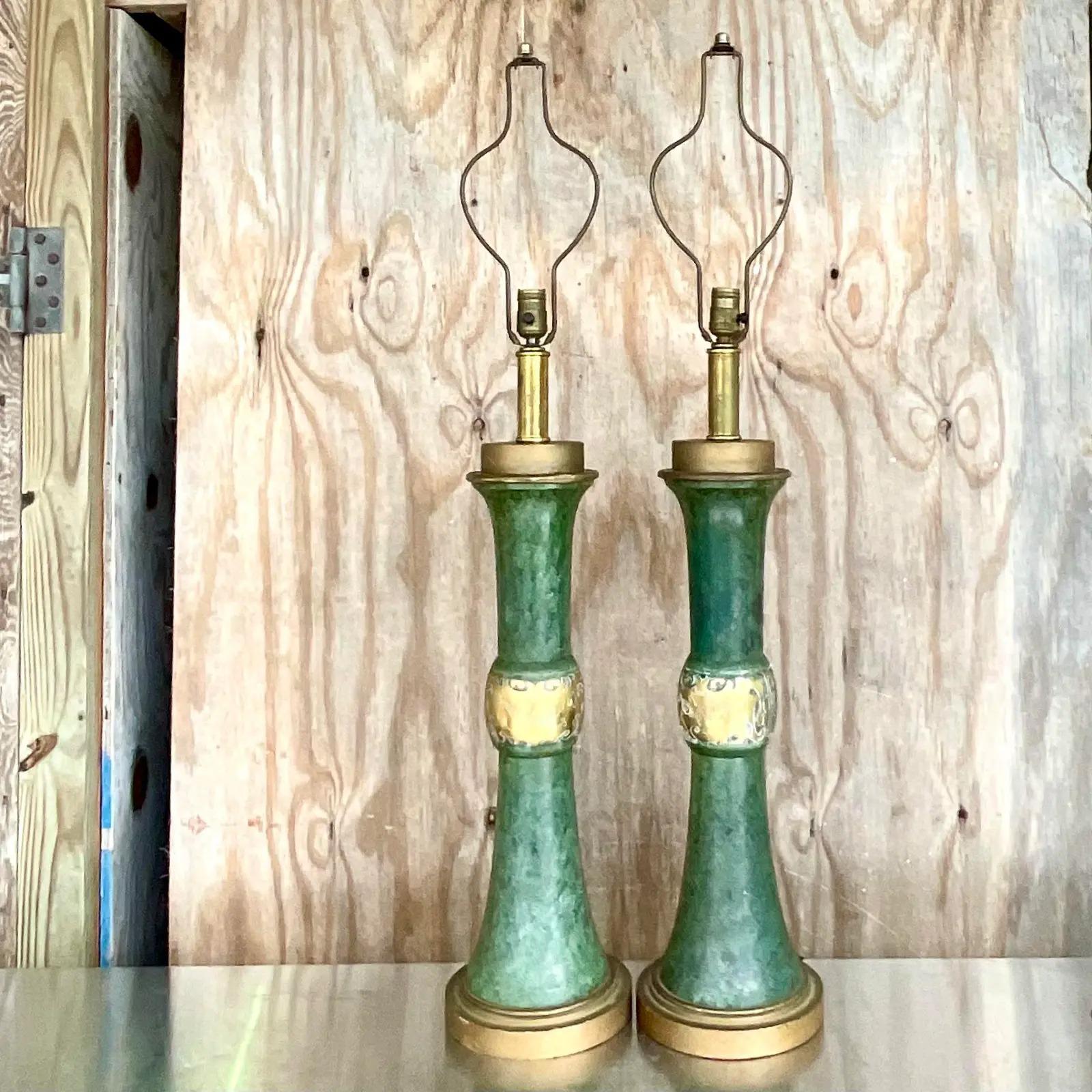 Vintage Patinated Green Brass Moorish Lamps After Pepe Mendoza, a Pair 2
