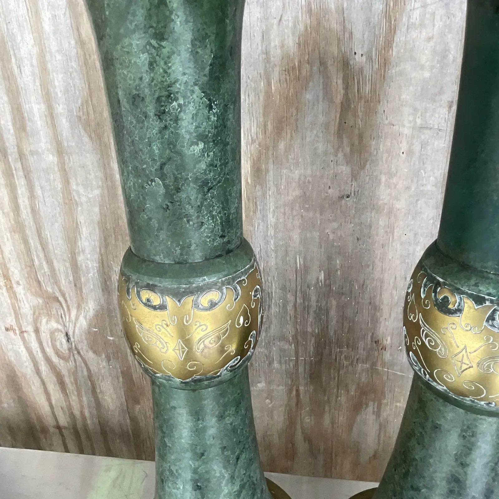 Vintage Patinated Green Brass Moorish Lamps After Pepe Mendoza, a Pair 4