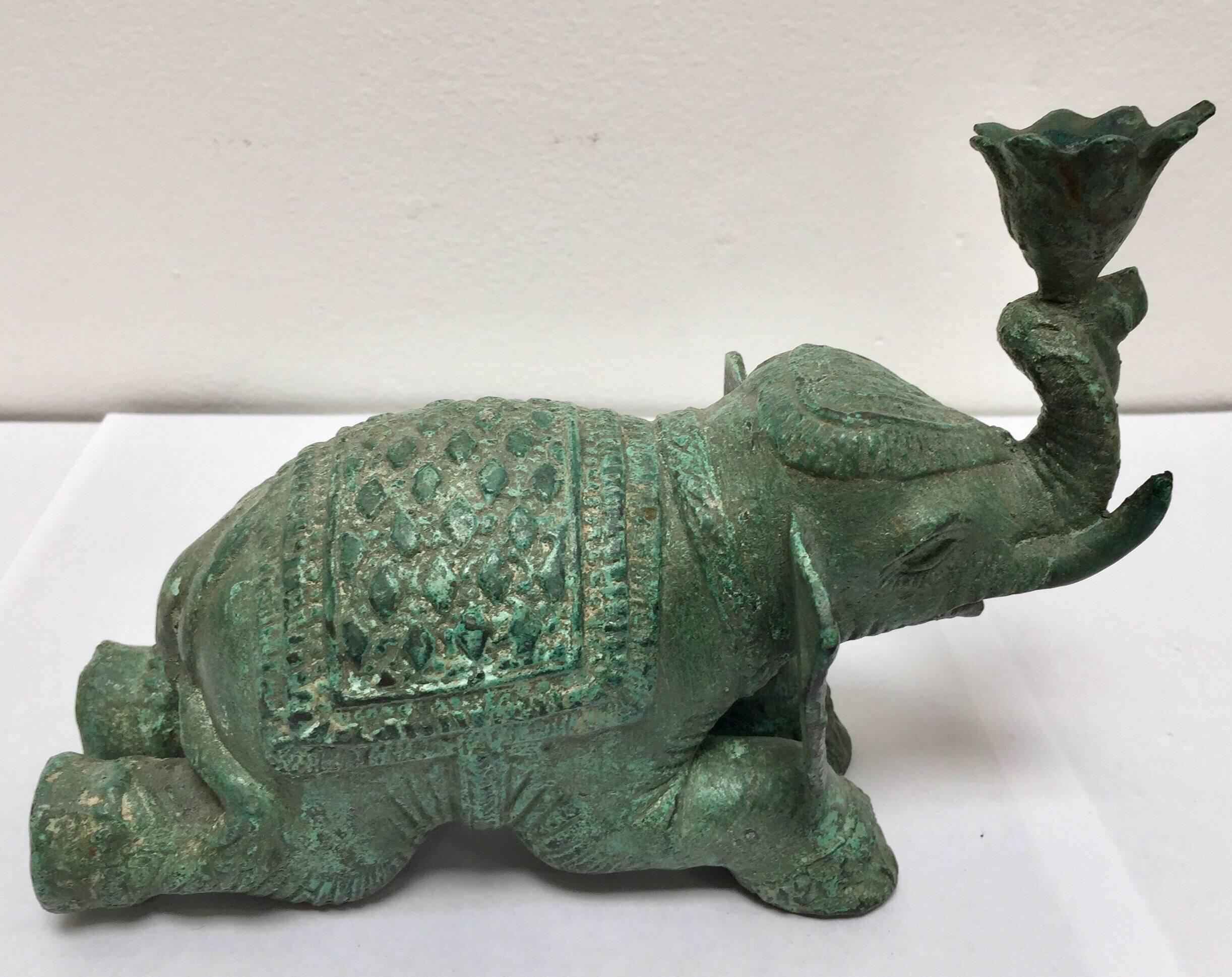 Anglo Raj Vintage Patinated Green Metal Sculpture of an Elephant