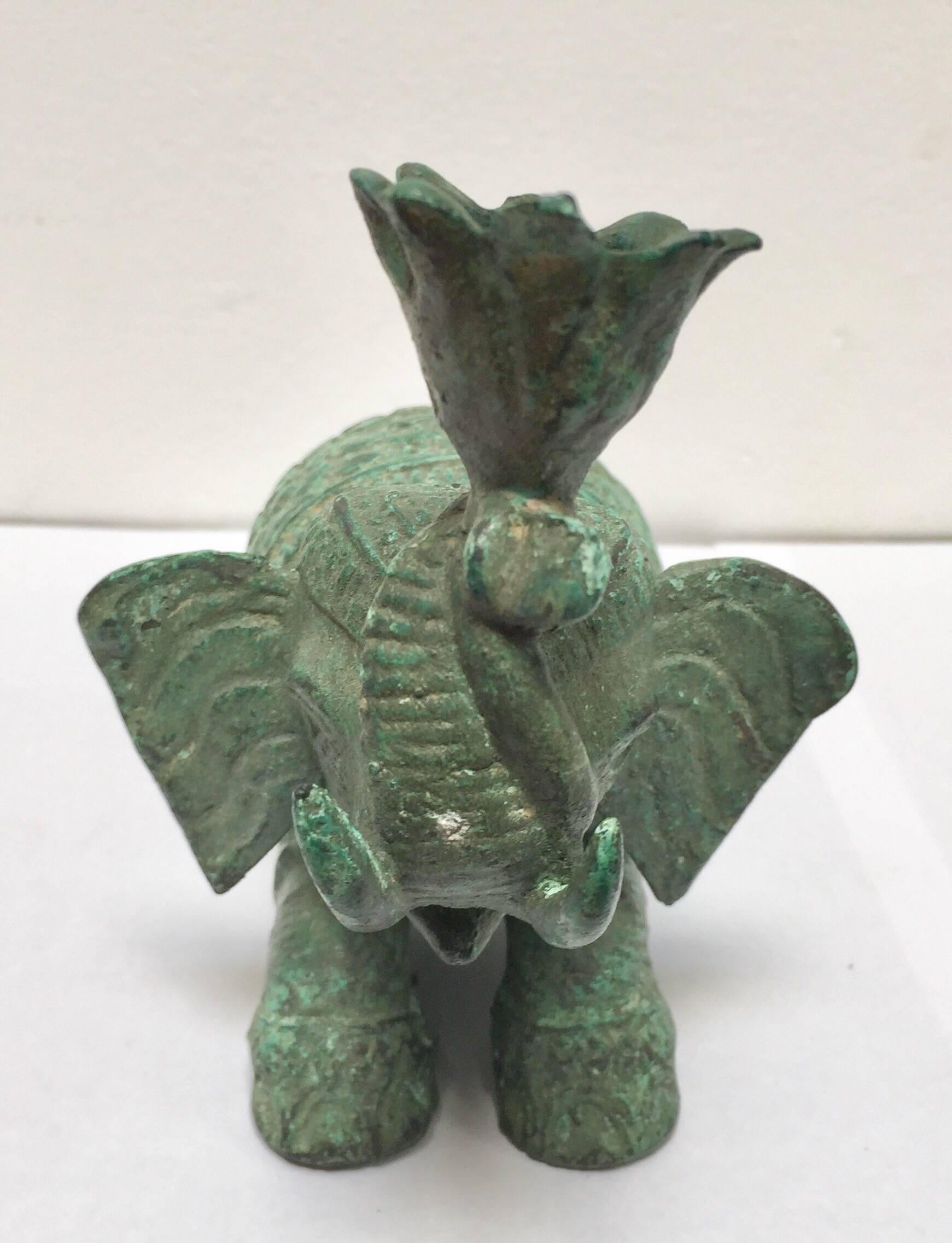 Hand-Crafted Vintage Patinated Green Metal Sculpture of an Elephant