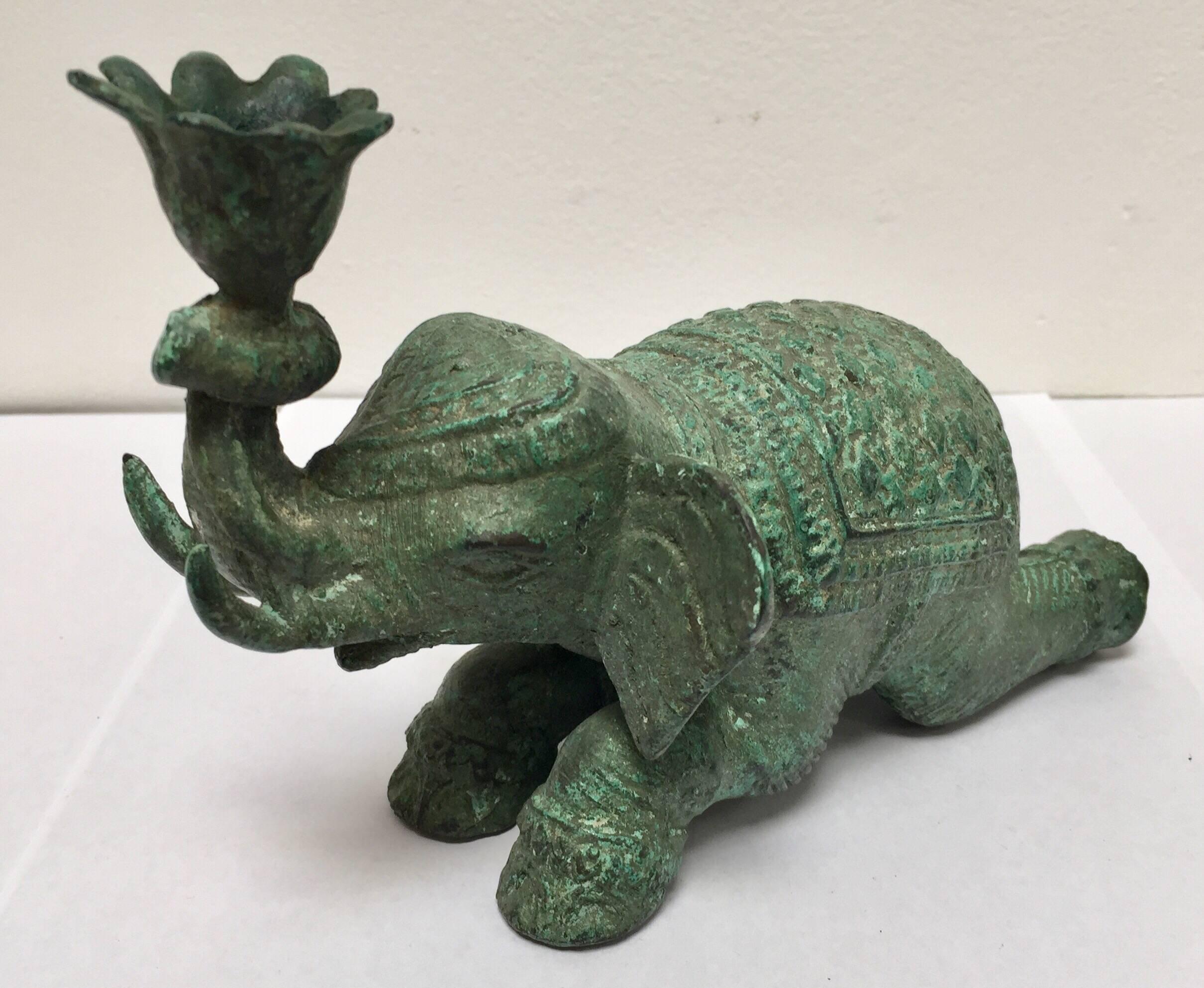 Bronze Vintage Patinated Green Metal Sculpture of an Elephant