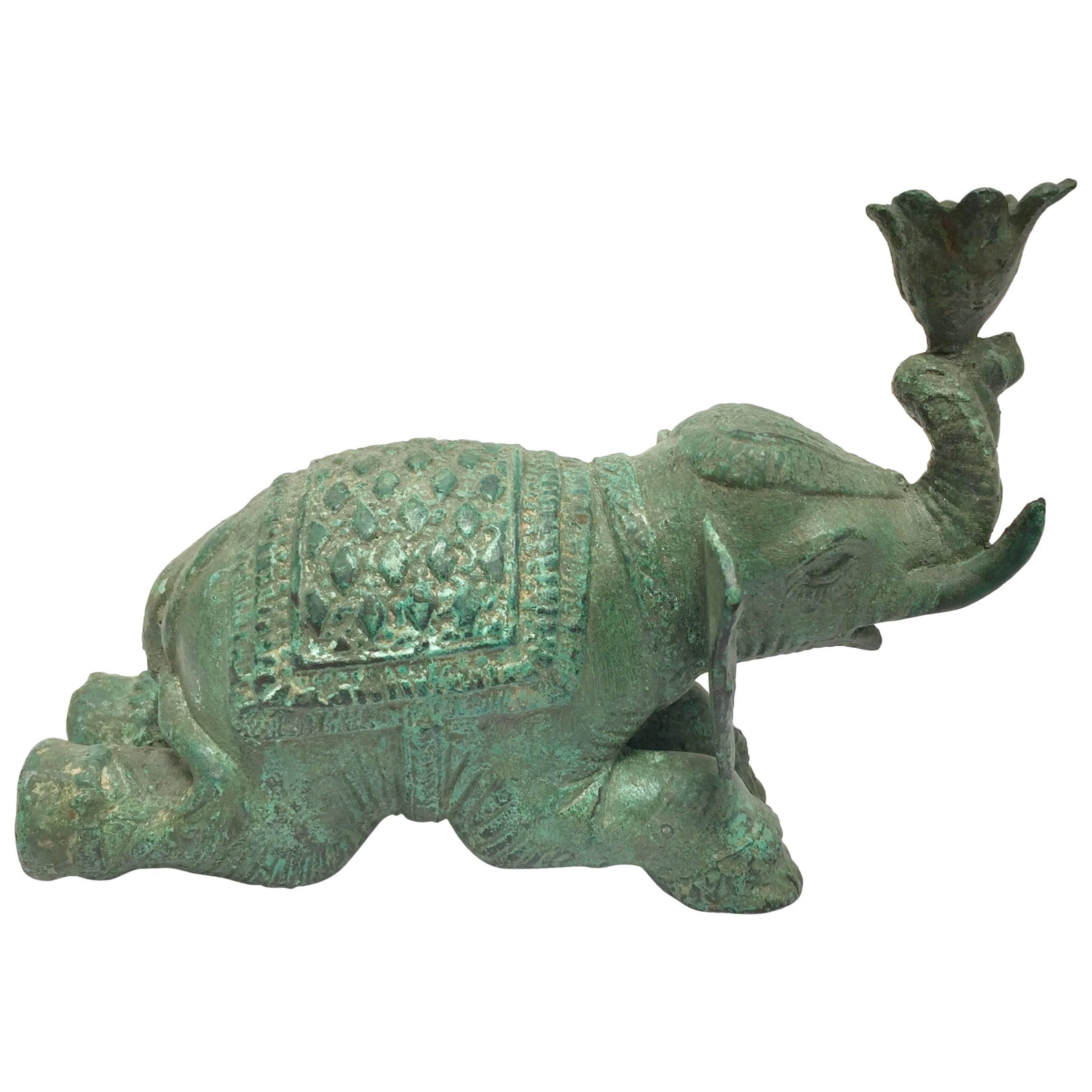 Vintage Patinated Green Metal Sculpture of an Elephant