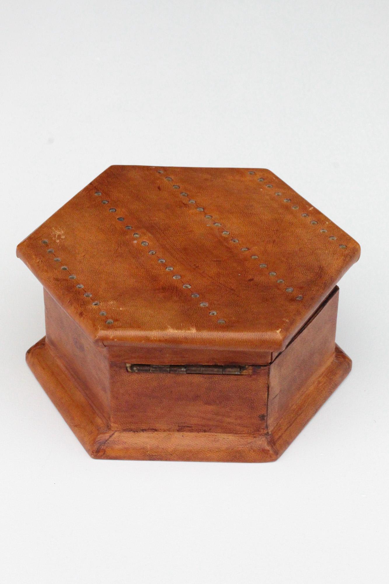 Vintage Patinated Leather and Brass Box  3