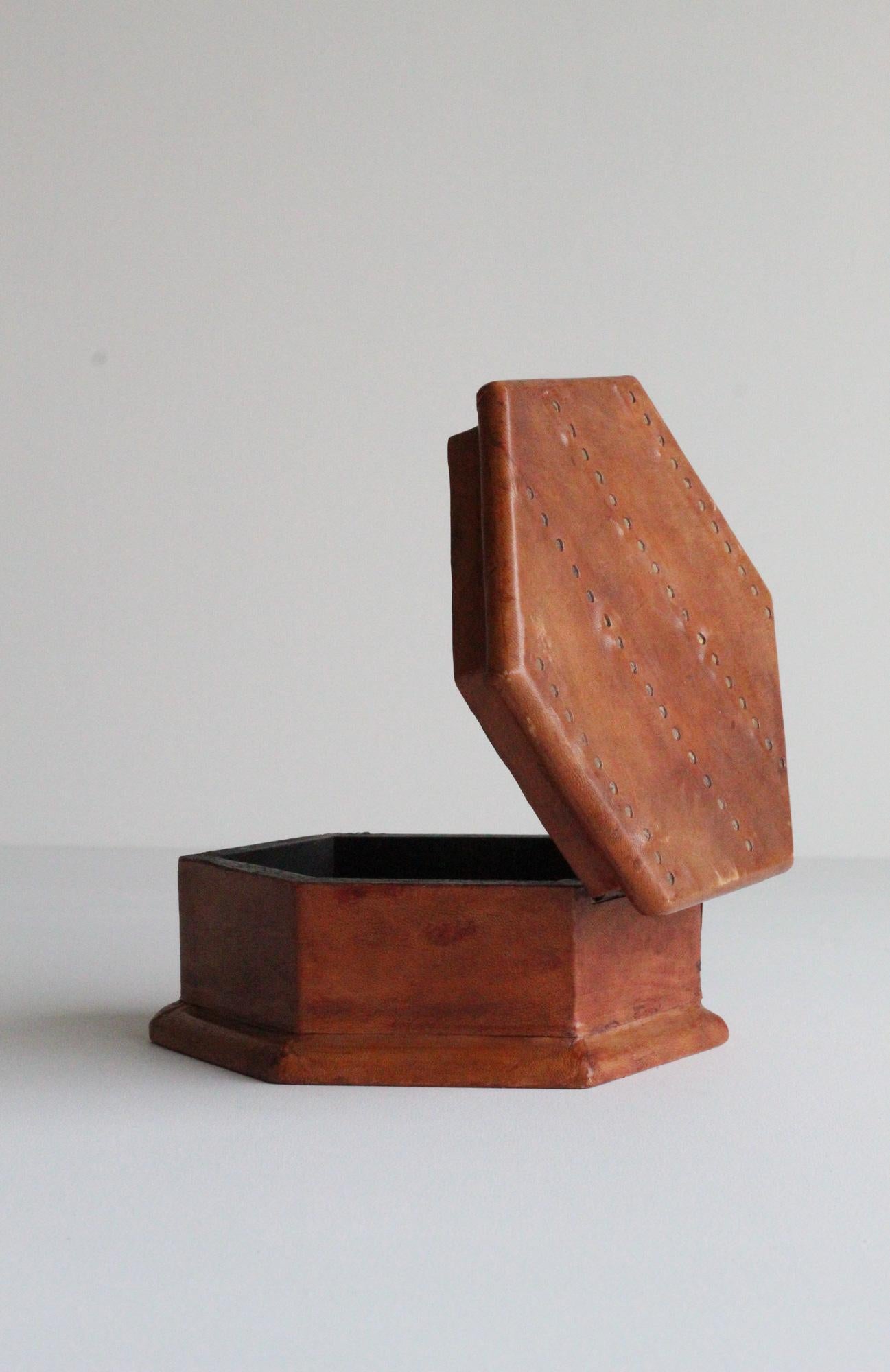 Mid-Century Modern Vintage Patinated Leather and Brass Box 