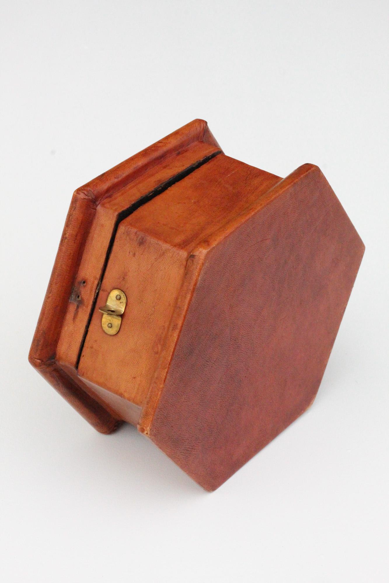 20th Century Vintage Patinated Leather and Brass Box 