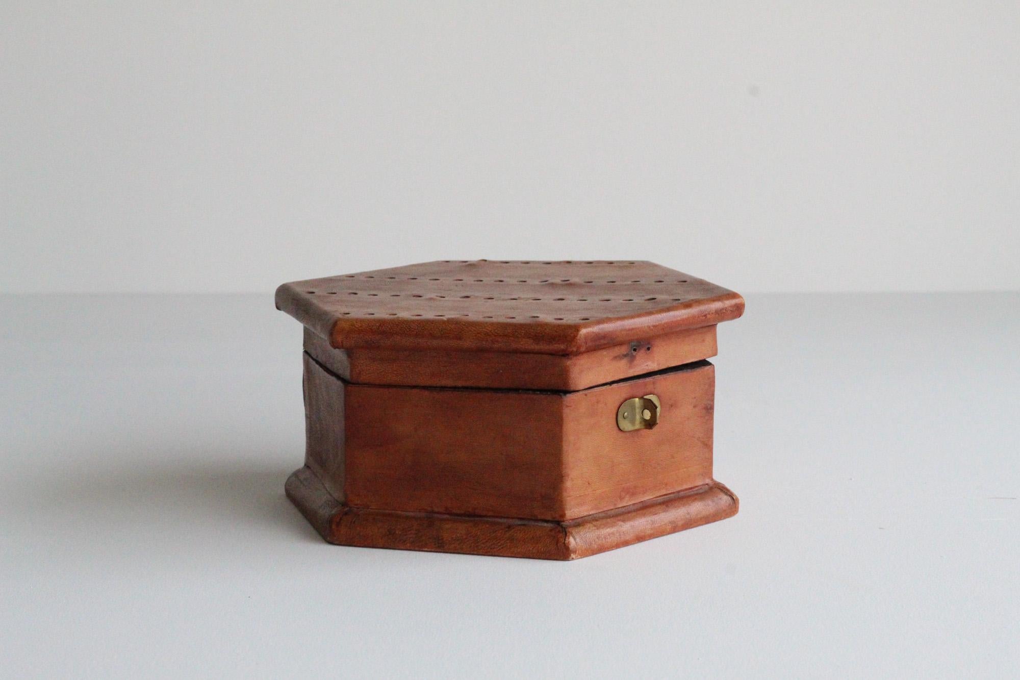 Vintage Patinated Leather and Brass Box  1