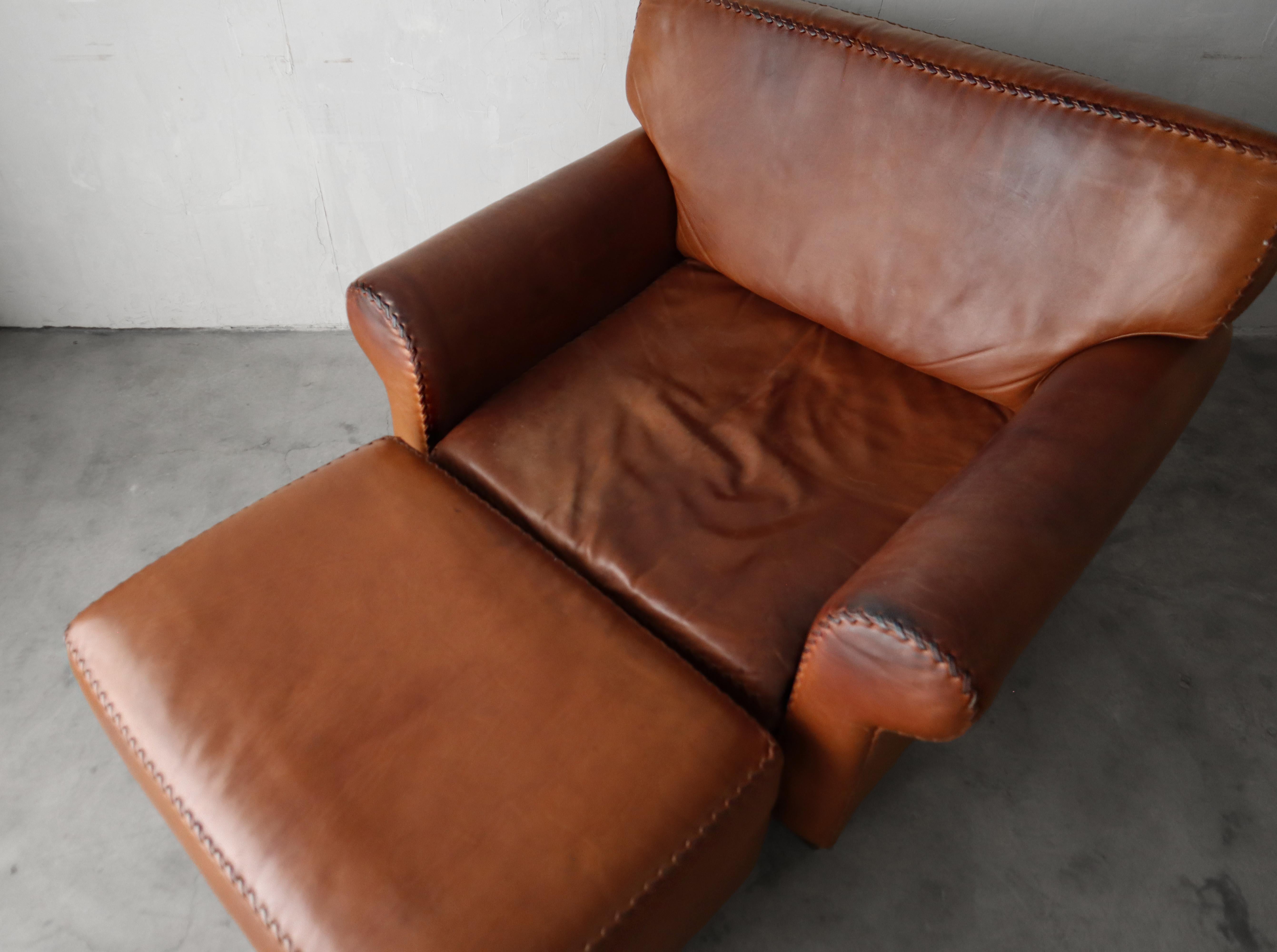 Vintage Patinated Leather Baseball Stich Lounge Chair and Ottoman For Sale 2