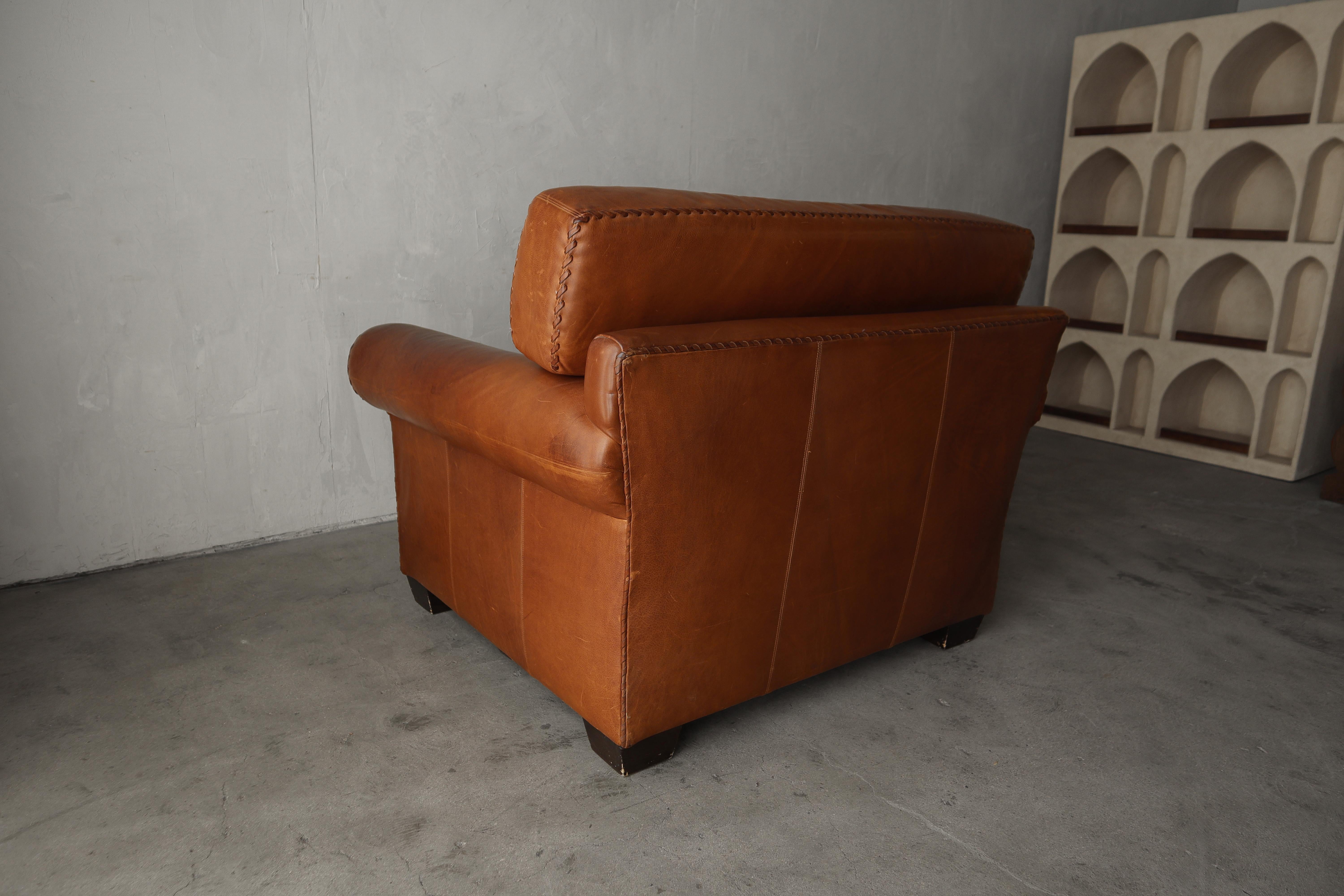 Vintage Patinated Leather Baseball Stich Lounge Chair and Ottoman For Sale 4