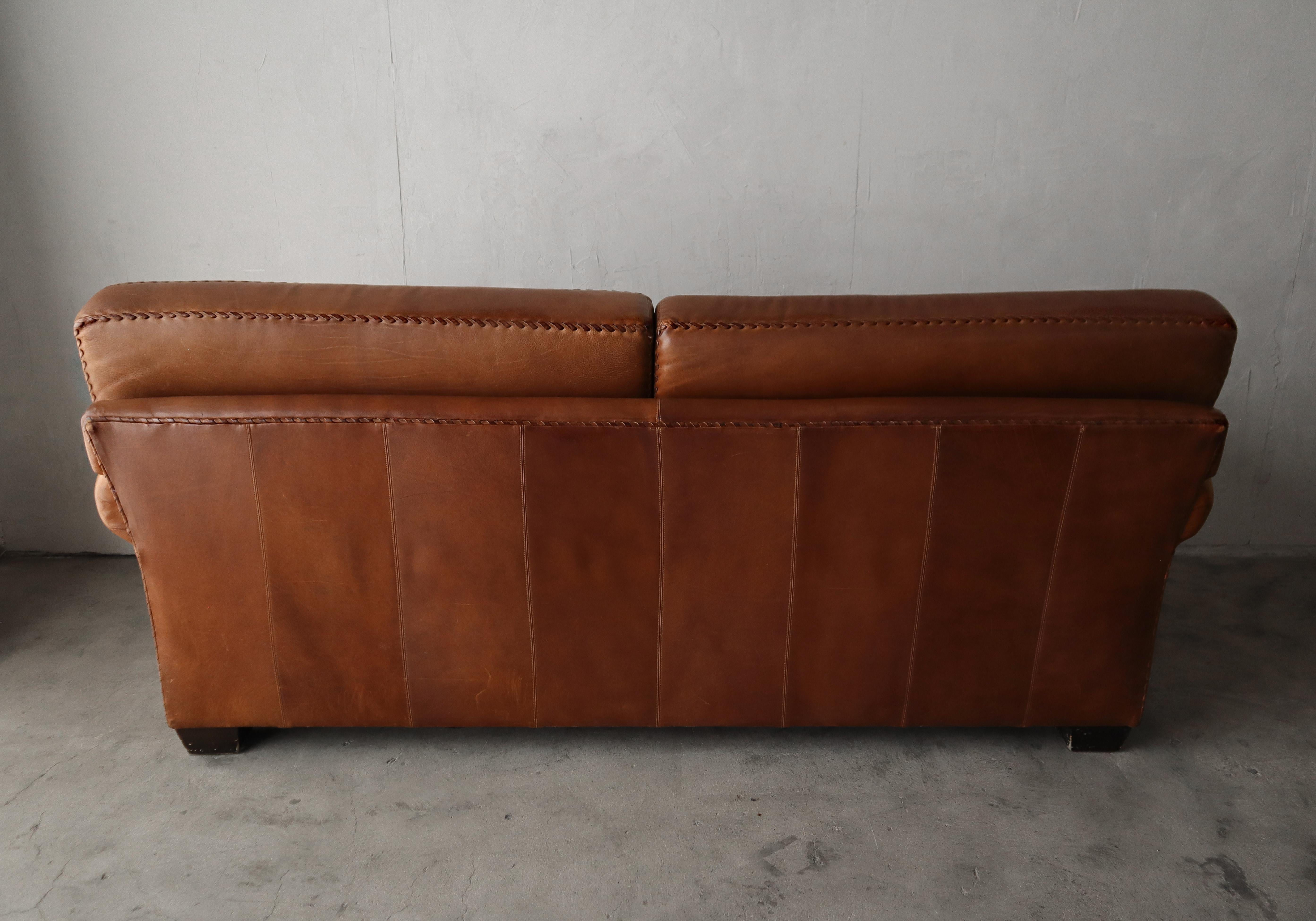 Vintage Patinated Leather Baseball Stich Sofa For Sale 1
