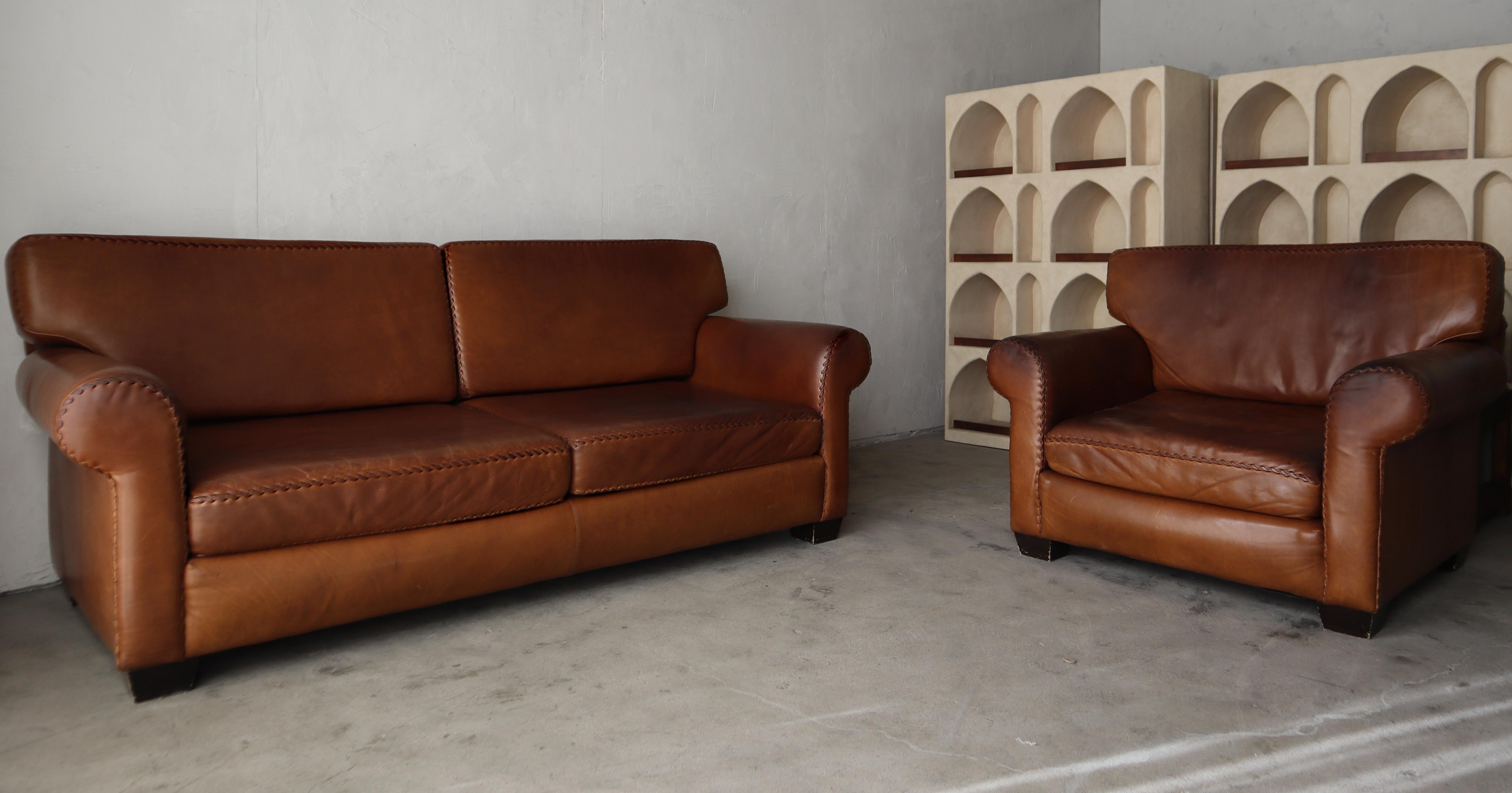 Vintage Patinated Leather Baseball Stich Sofa For Sale 2