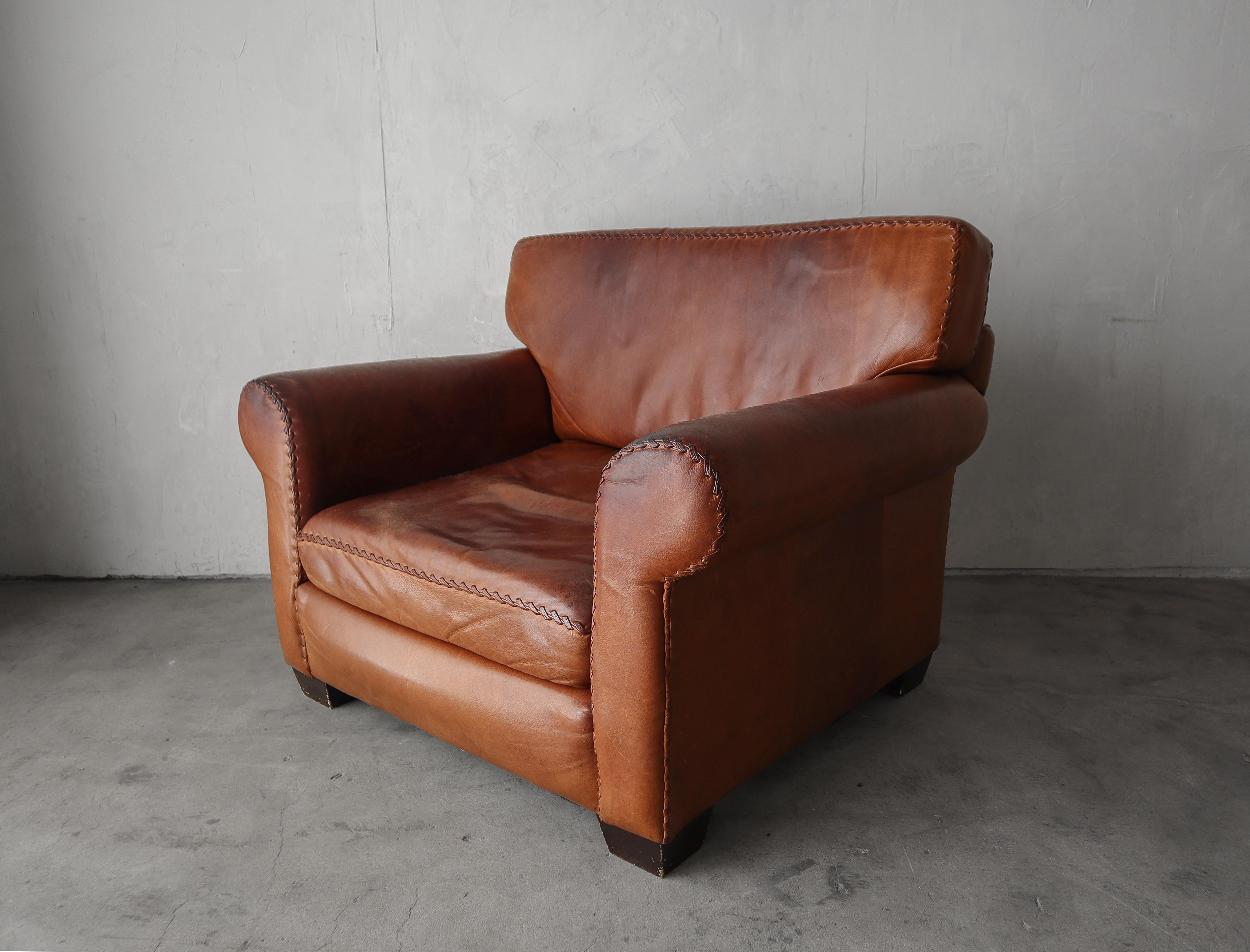 Vintage Patinated Leather Baseball Stich Sofa For Sale 3
