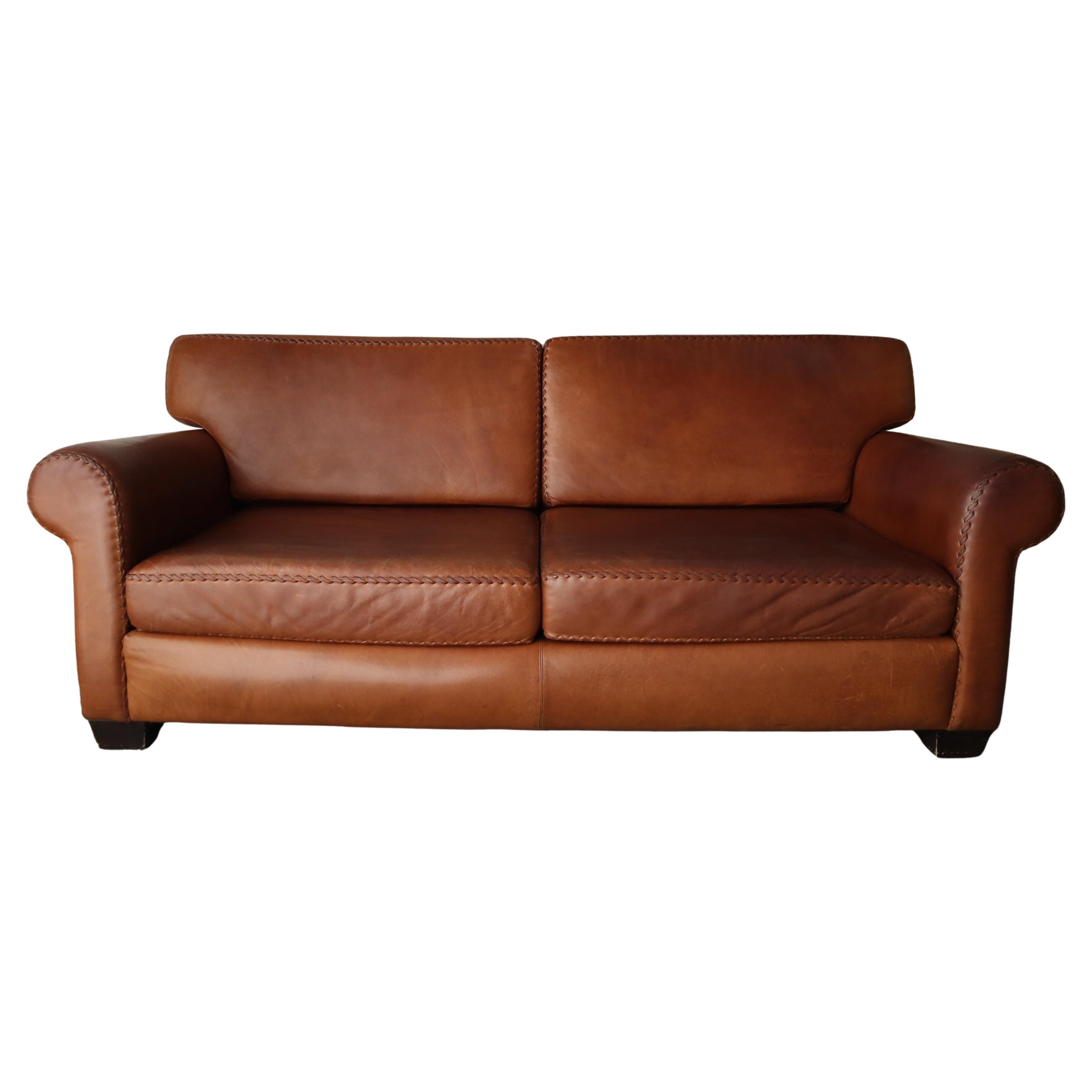 Vintage Patinated Leather Baseball Stich Sofa