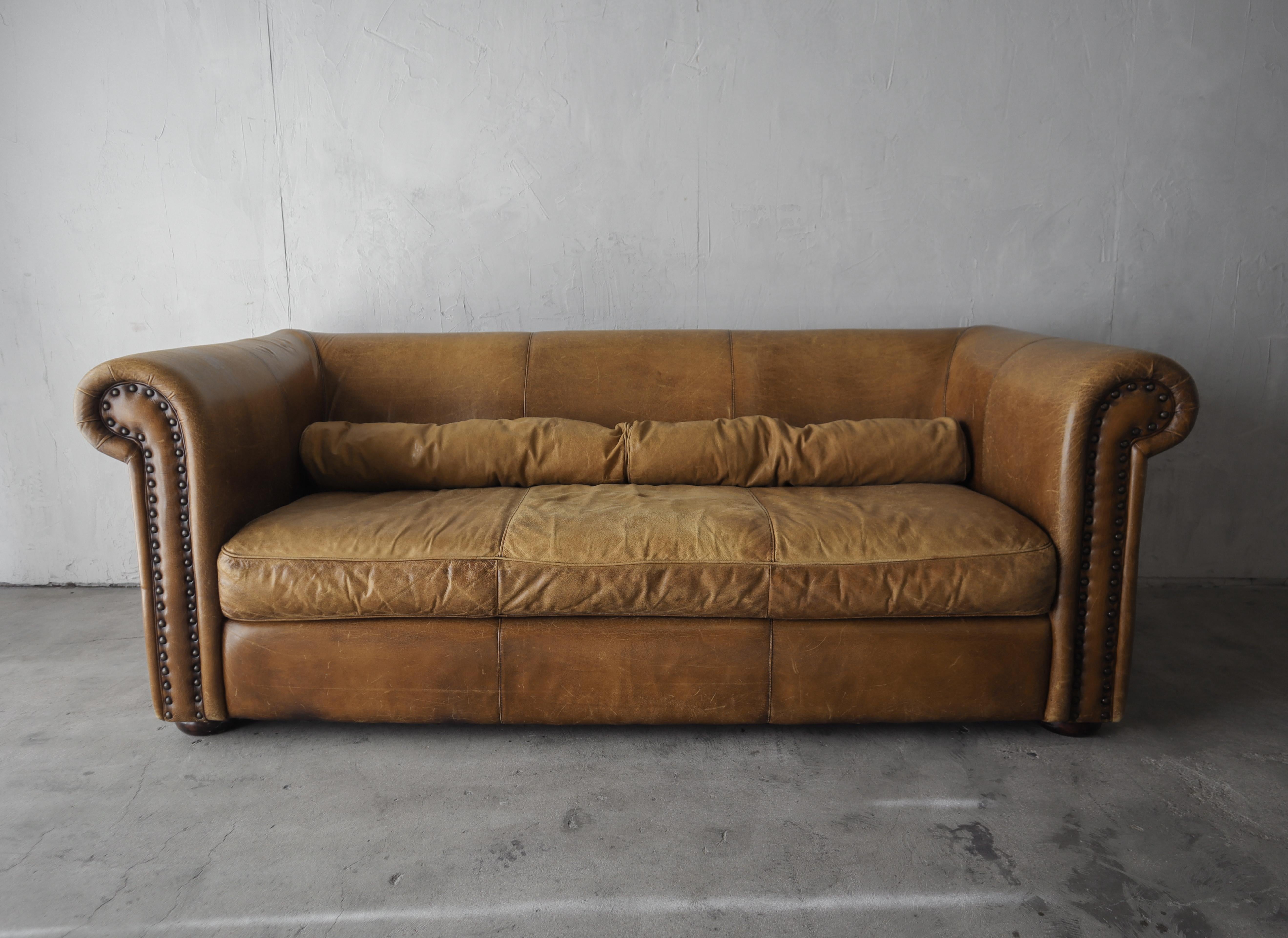 Minimalist Vintage Patinated Leather Chesterfield Sofa