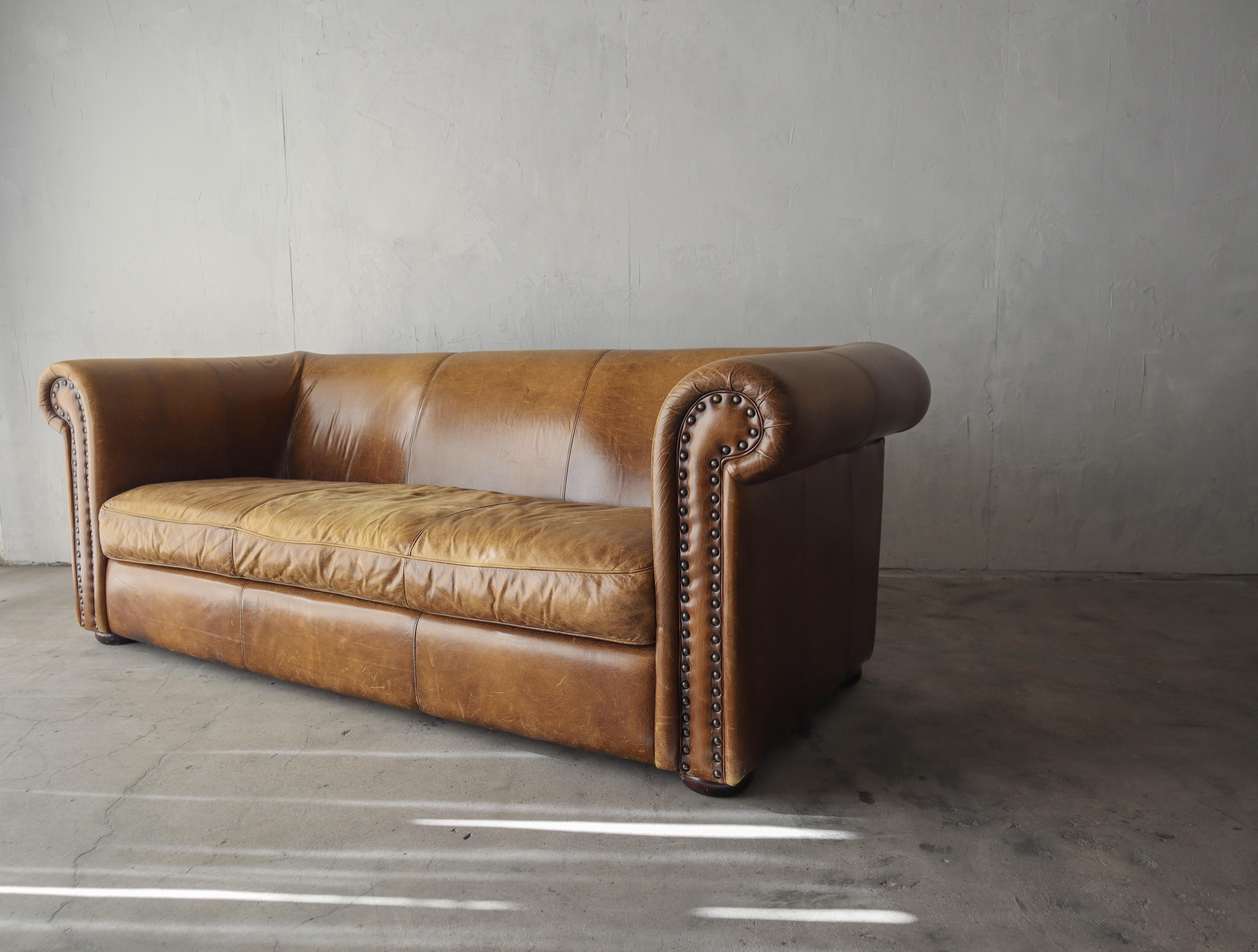 Vintage Patinated Leather Chesterfield Sofa In Good Condition In Las Vegas, NV