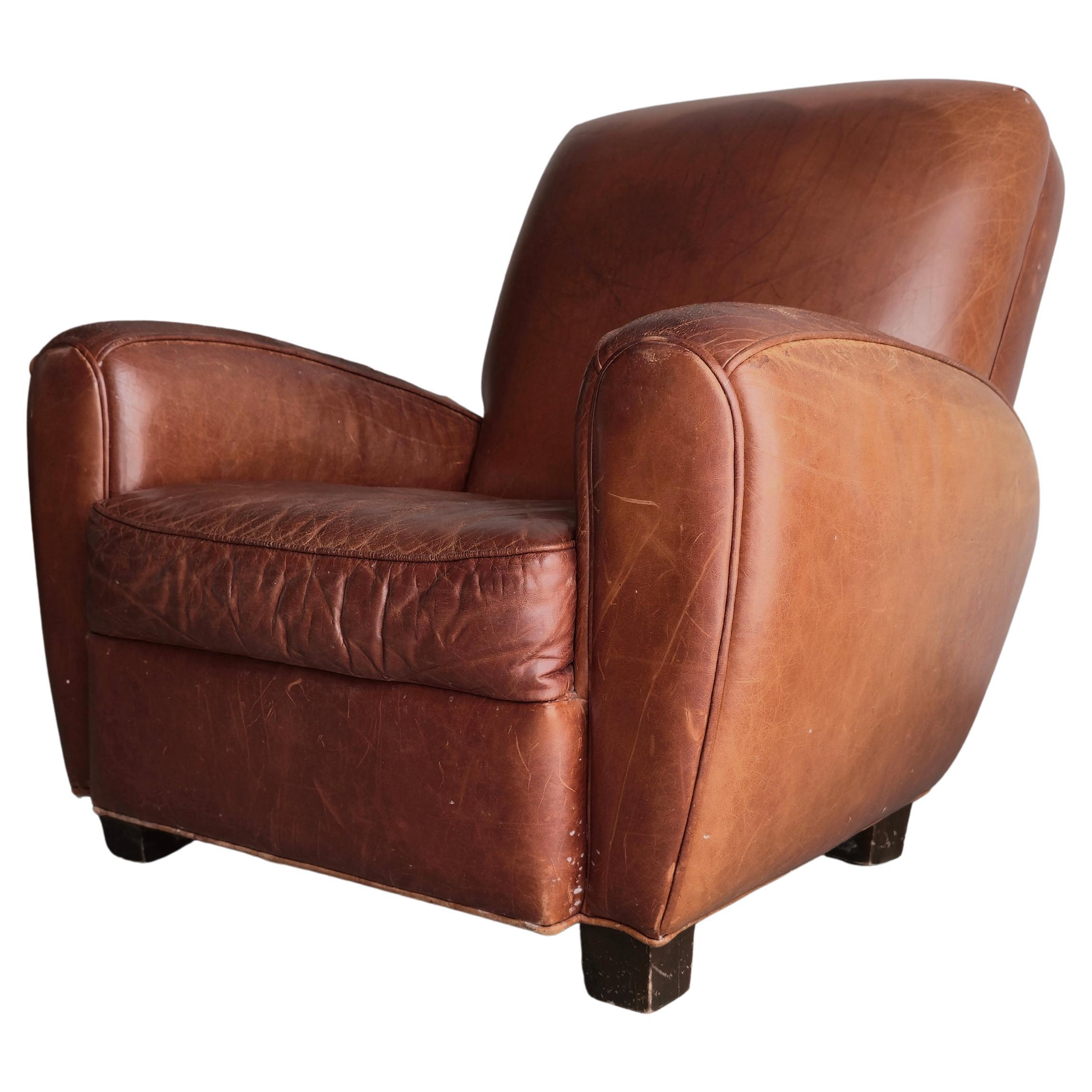 Vintage Patinated Leather Club Chair For Sale