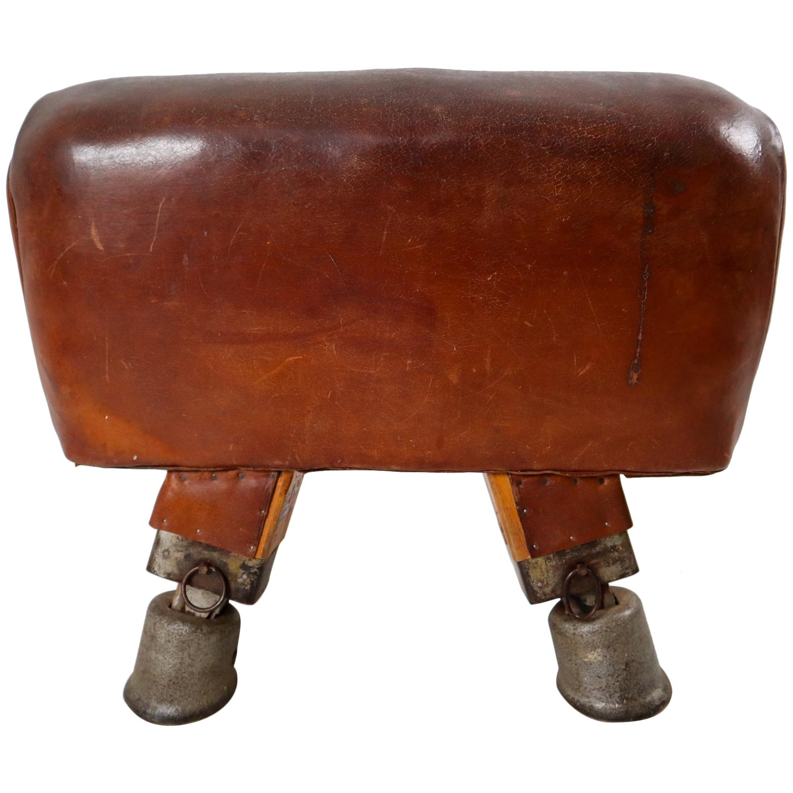 Vintage Patinated Leather Gym Bench, circa 1930s