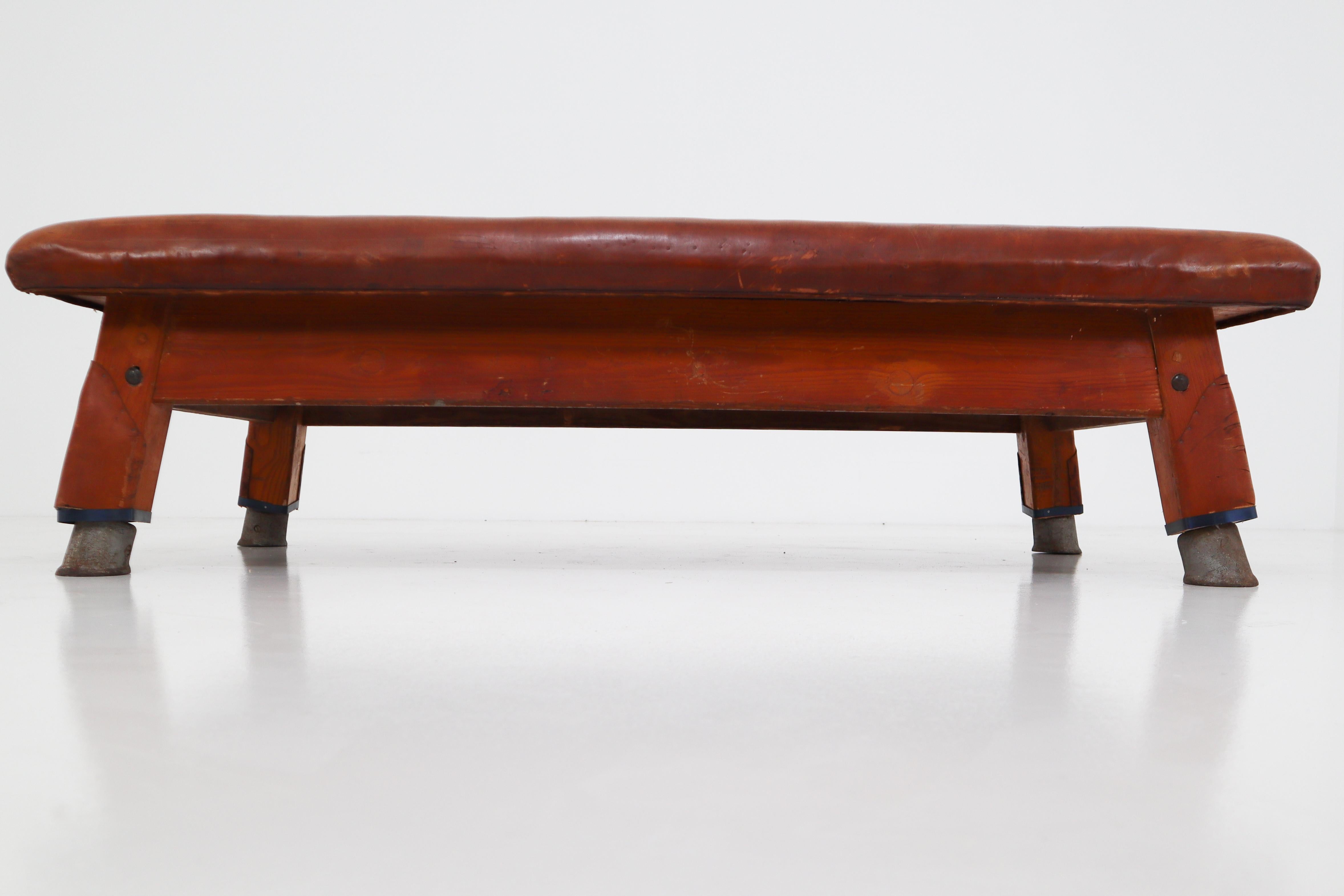 Other Vintage Patinated Leather Gym Bench or Table, circa 1940