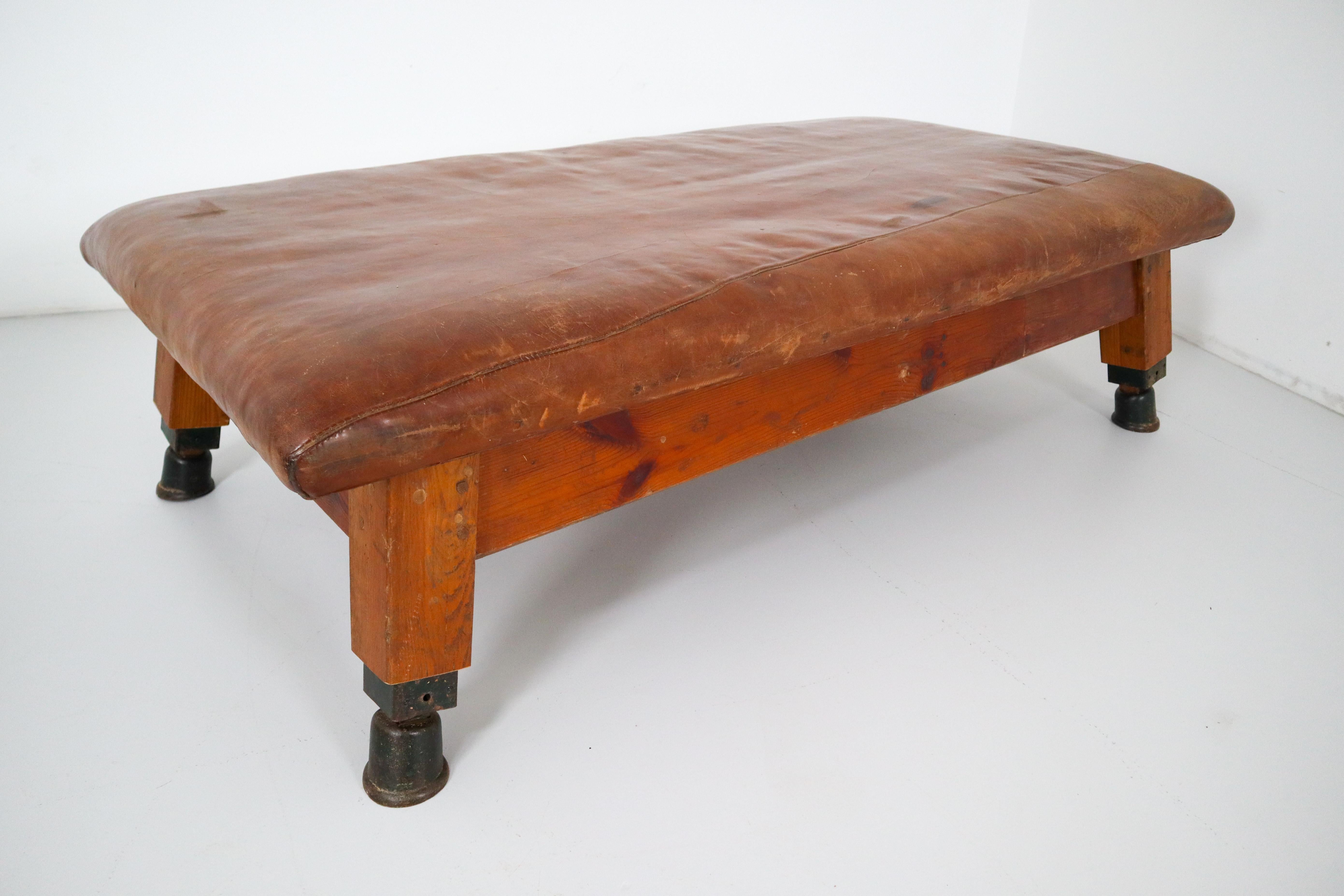 Industrial Vintage Patinated Leather Gym Bench or Table, circa 1940
