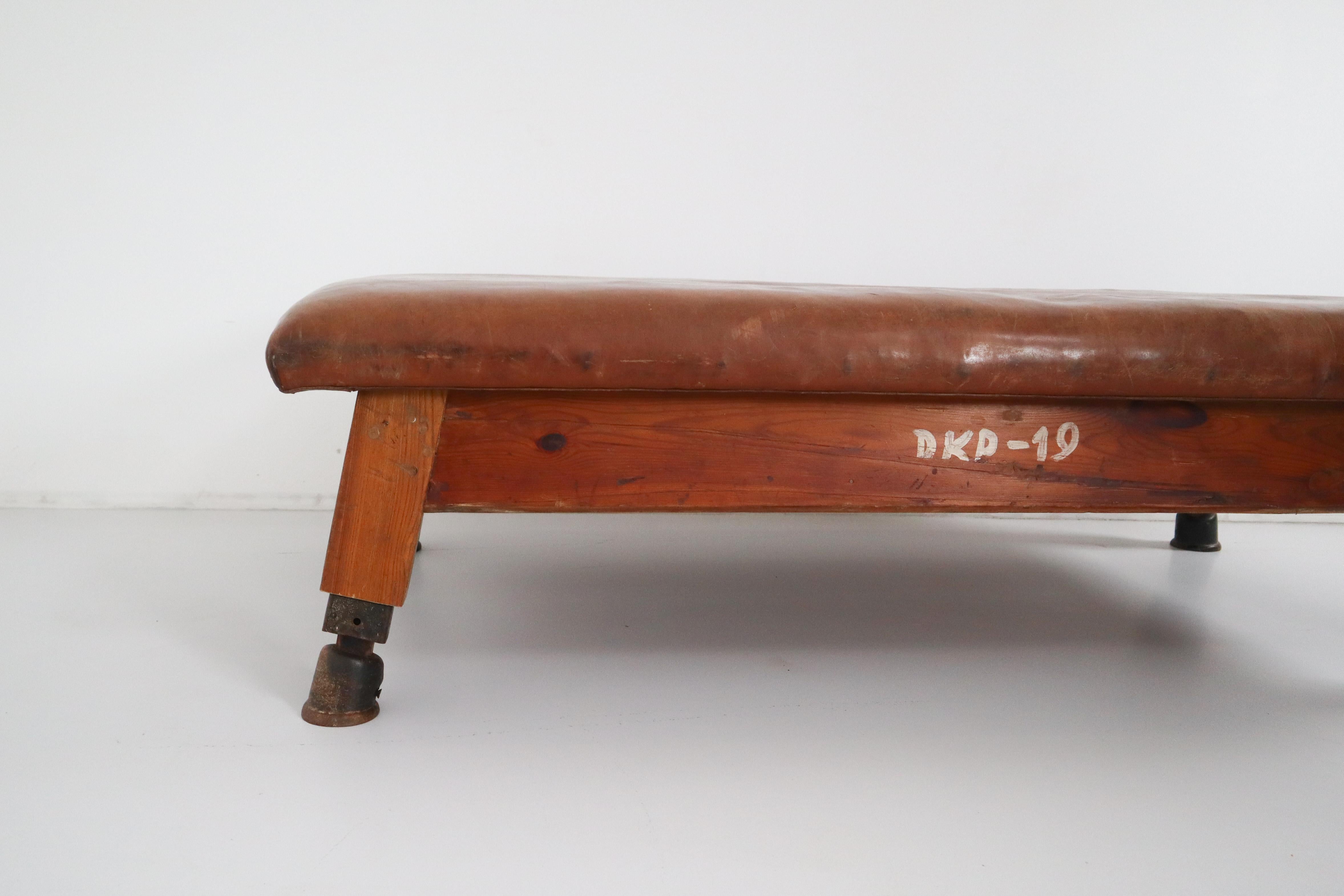 Czech Vintage Patinated Leather Gym Bench or Table, circa 1940