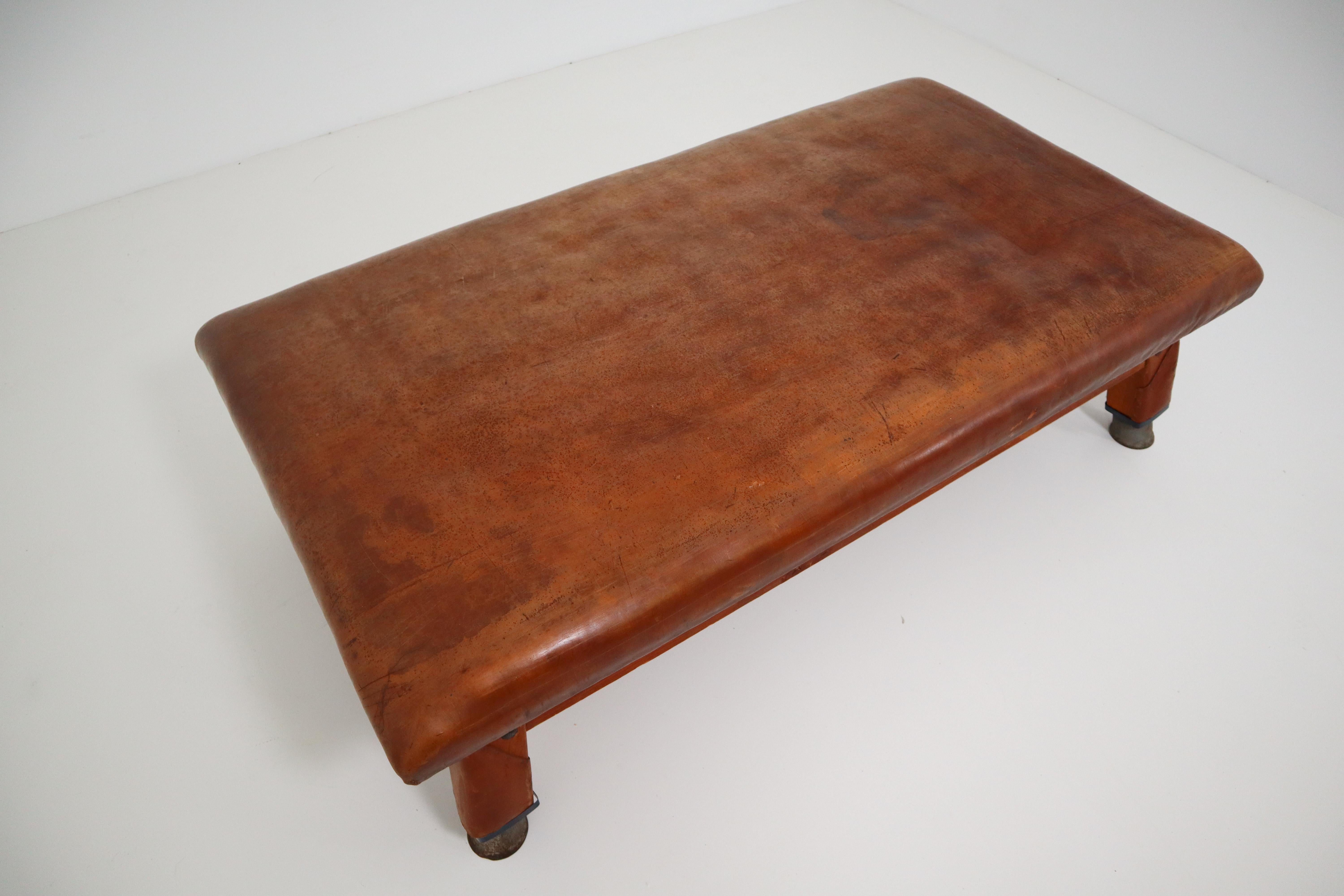 Mid-20th Century Vintage Patinated Leather Gym Bench or Table, circa 1940