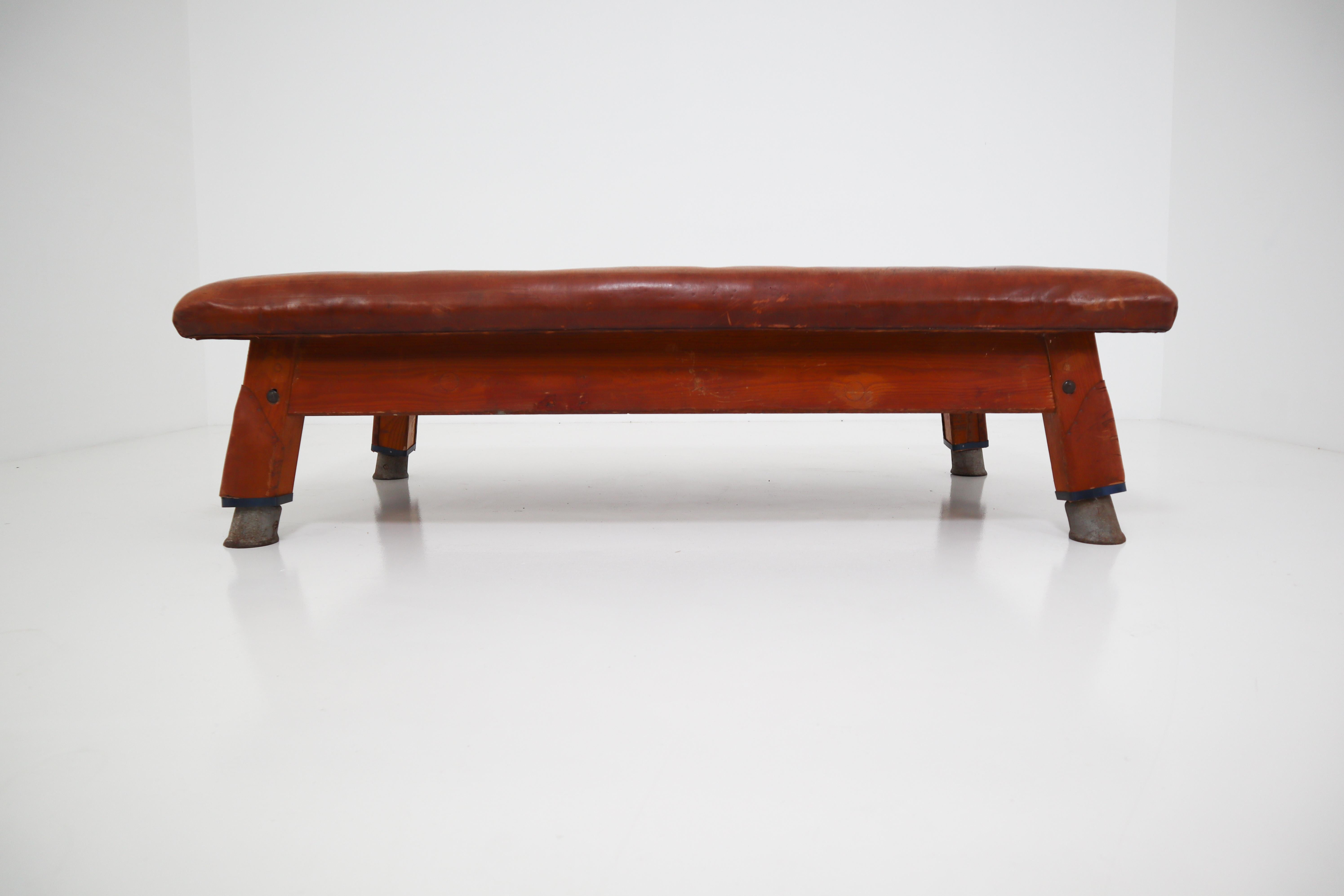 Vintage Patinated Leather Gym Bench or Table, circa 1940 1