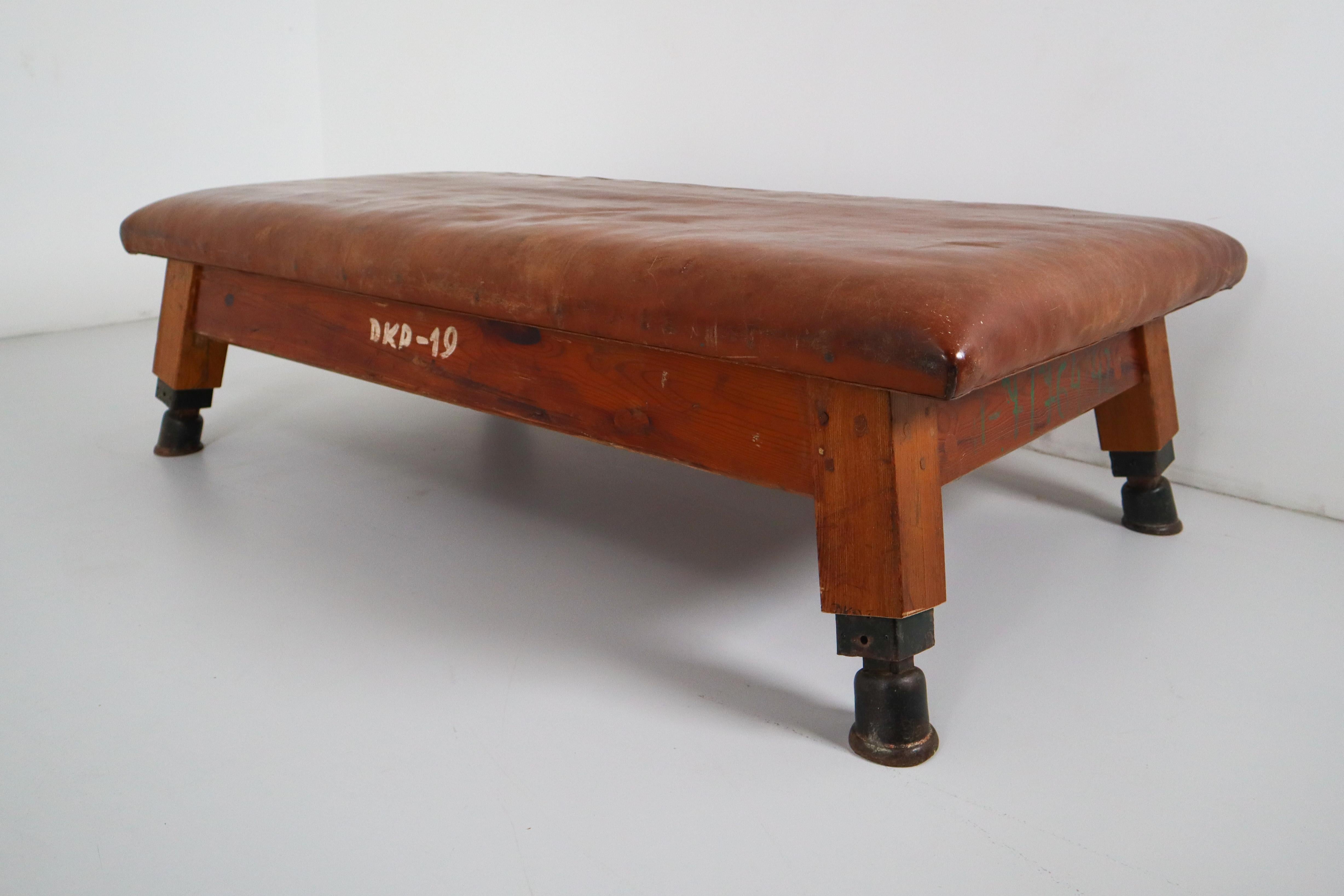 Mid-20th Century Vintage Patinated Leather Gym Bench or Table, circa 1940