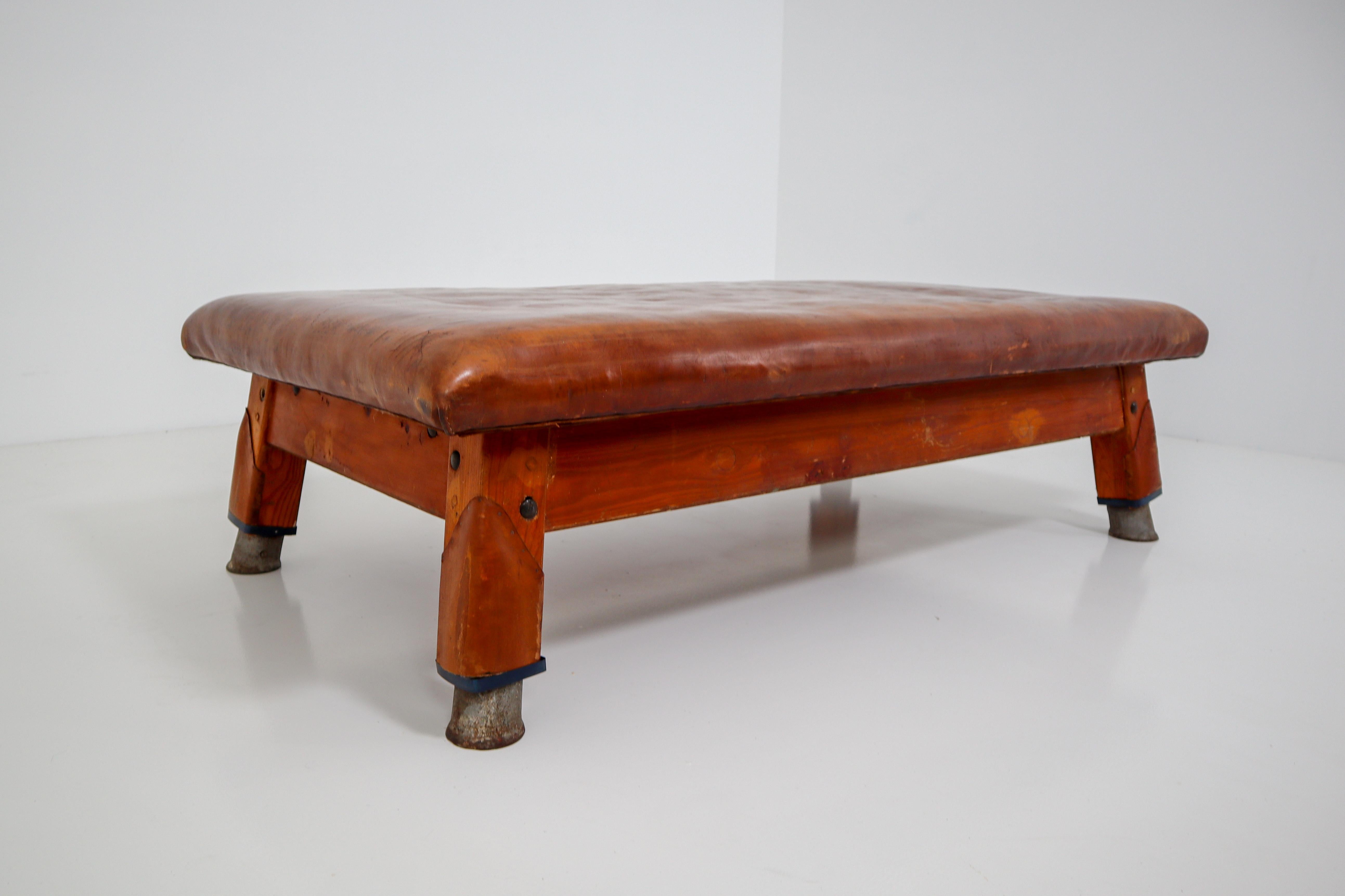 Vintage Patinated Leather Gym Bench or Table, circa 1940 2