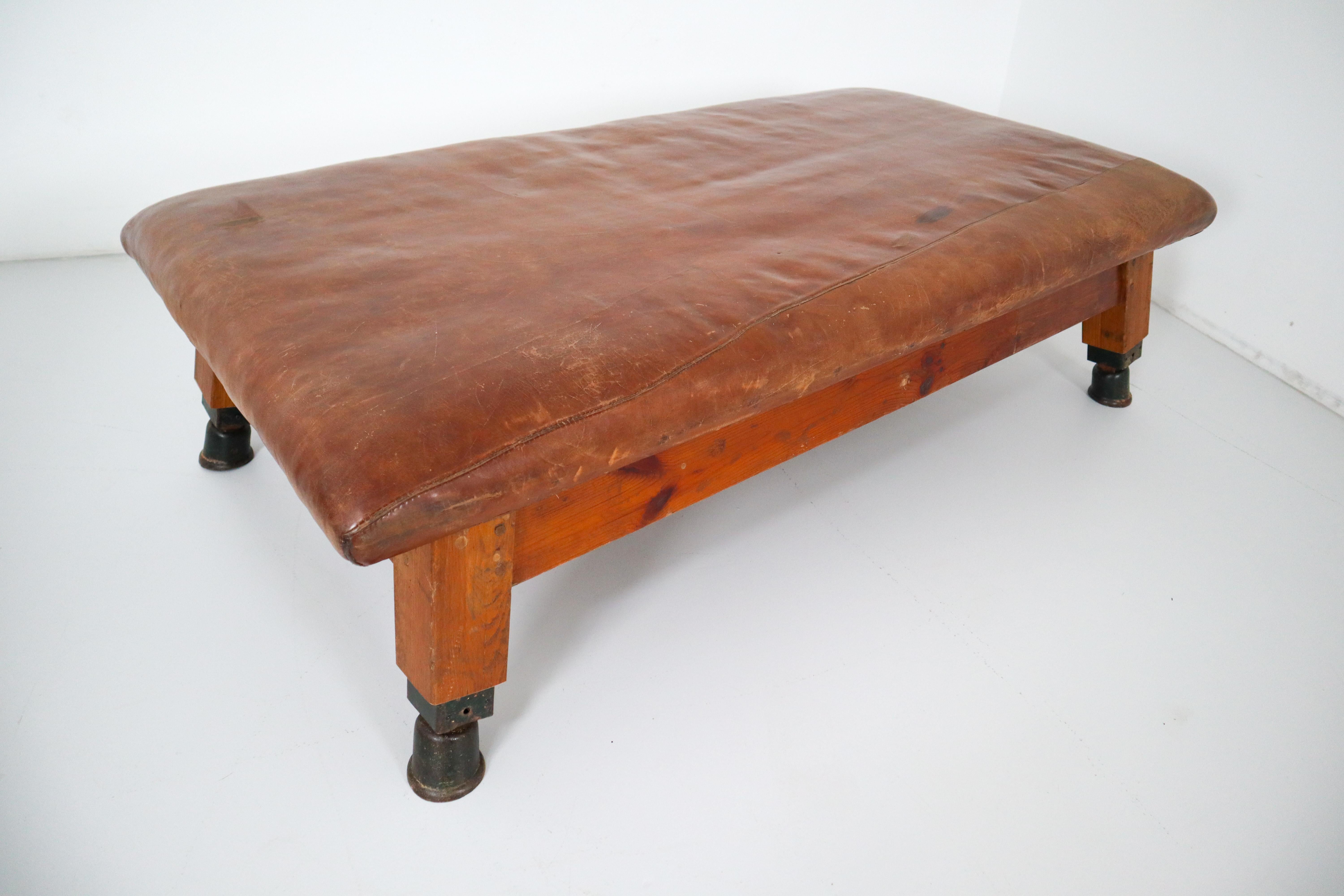 Vintage Patinated Leather Gym Bench or Table, circa 1940 1