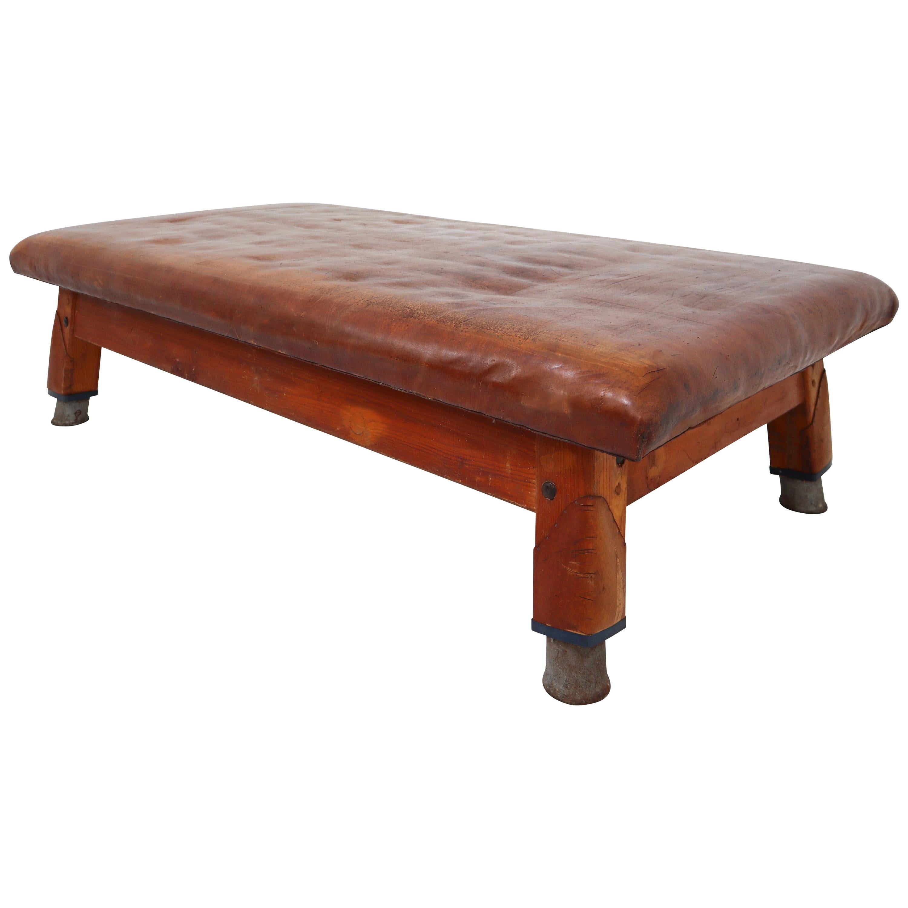 Vintage Patinated Leather Gym Bench or Table, circa 1940