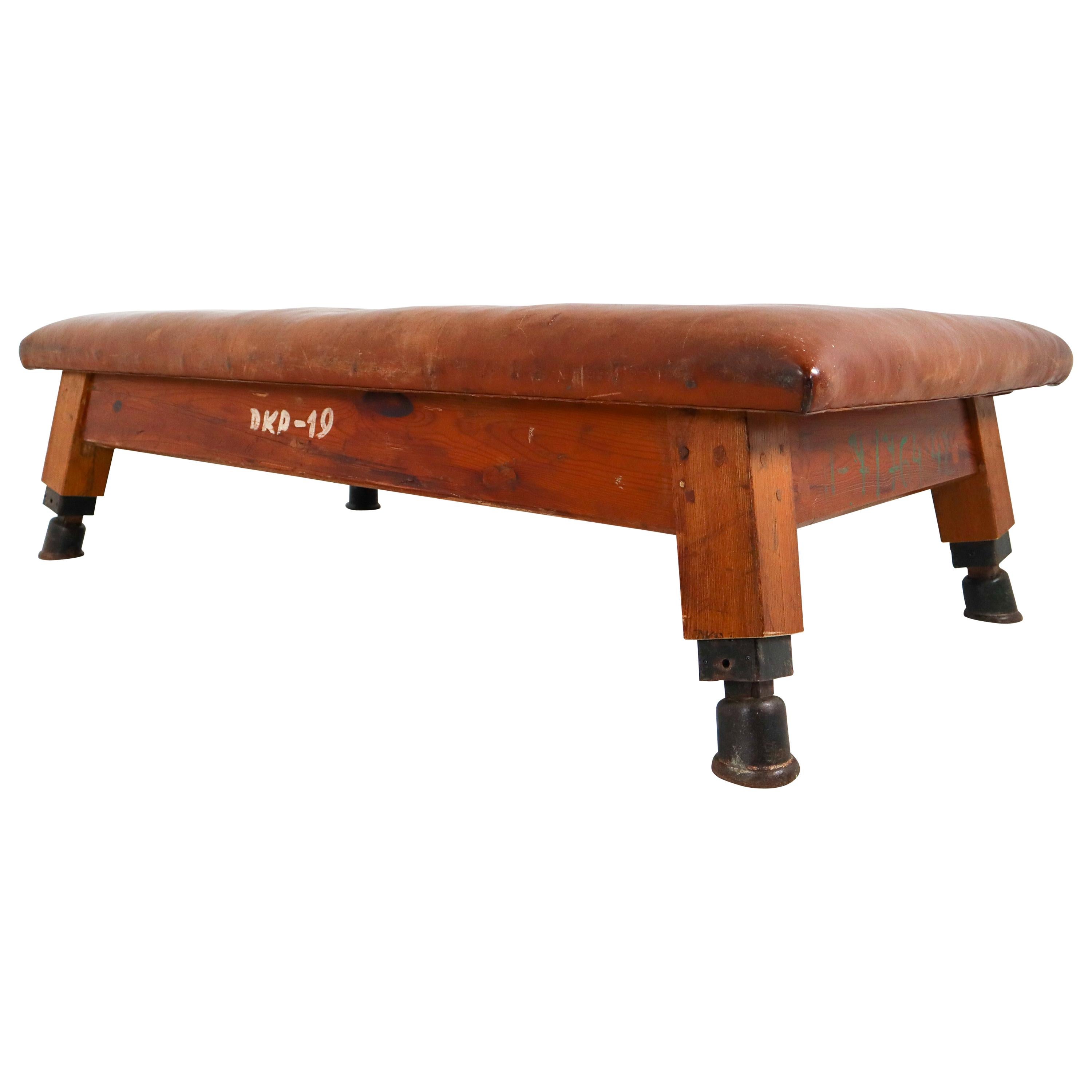 Vintage Patinated Leather Gym Bench or Table, circa 1940