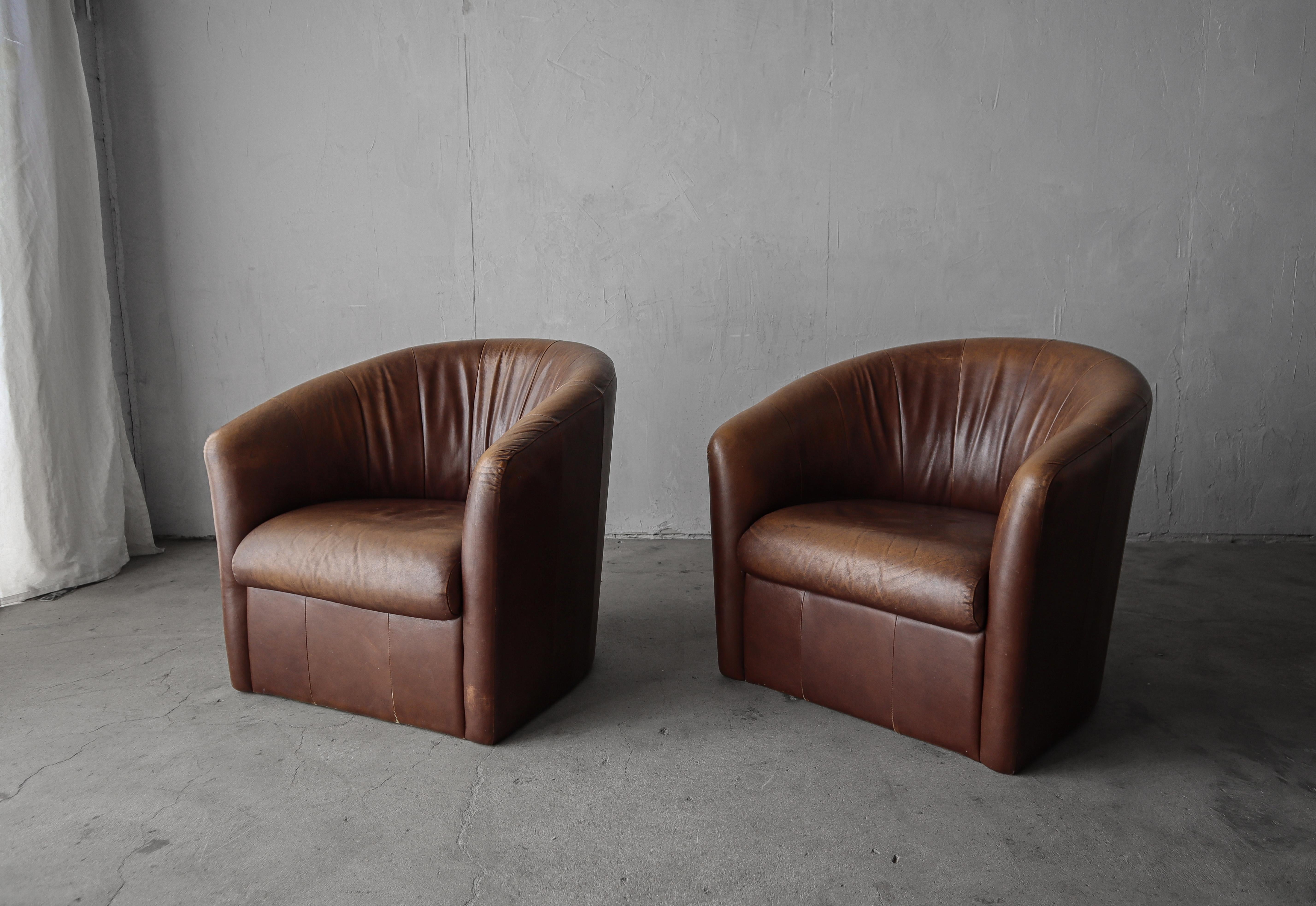 20th Century Vintage Patinated Leather Lounge Chairs For Sale