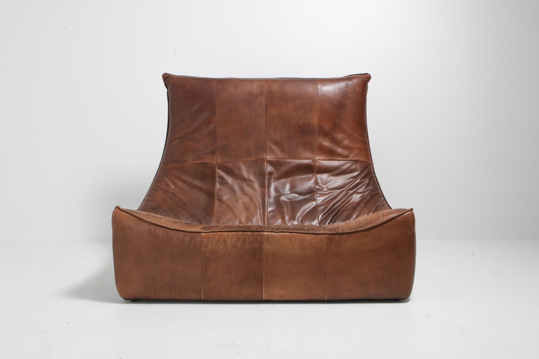 Mid-Century Modern Vintage Patinated Leather Pair of Couches by Gerard Van Den Berg for Montis