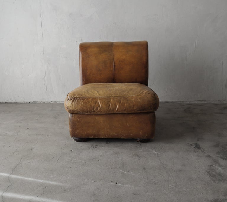 Vintage Patinated Leather Slipper Chair For Sale at 1stDibs