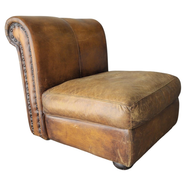 Vintage Patinated Leather Slipper Chair For Sale at 1stDibs