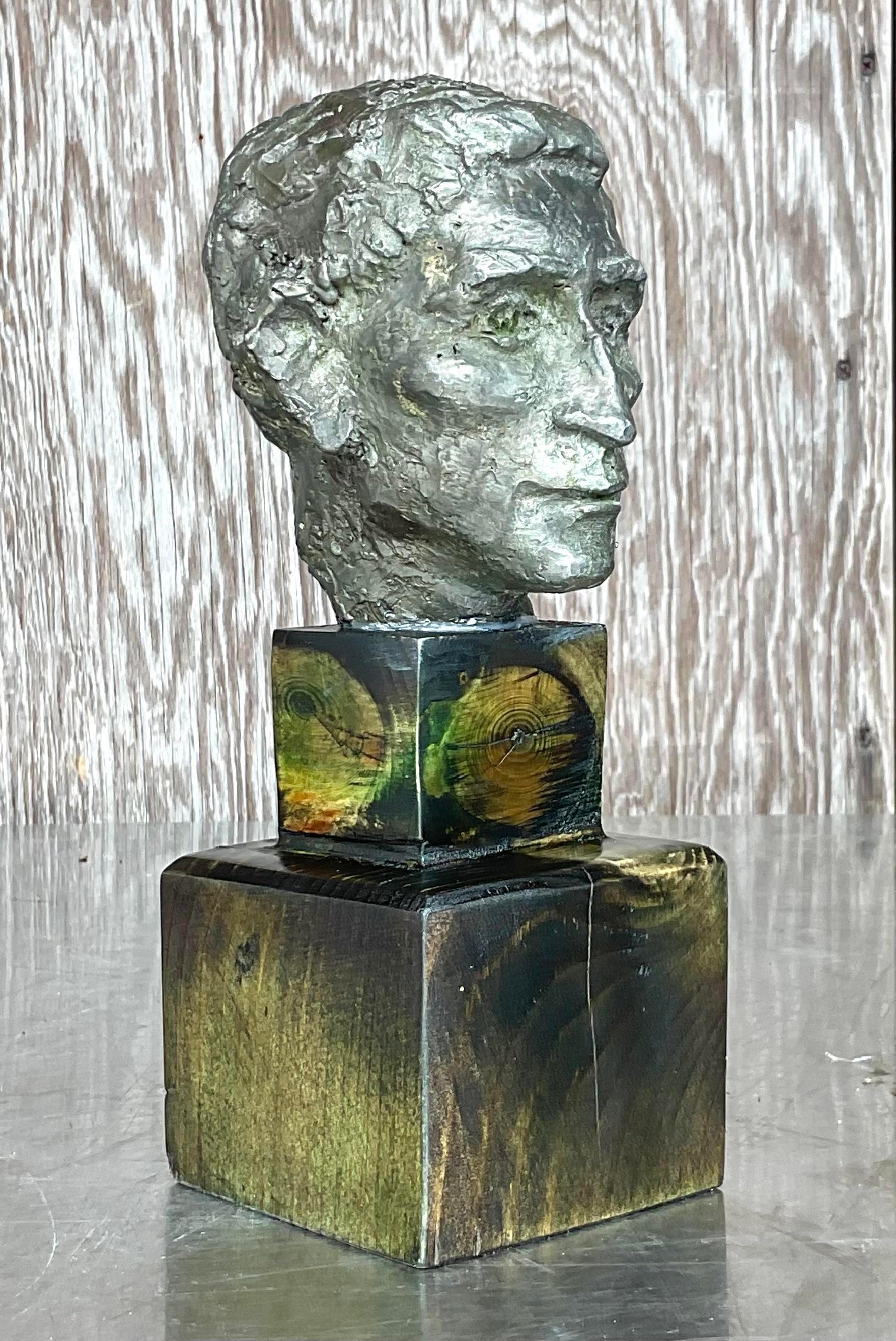 Vintage Patinated Metal Bust of Man In Good Condition For Sale In west palm beach, FL