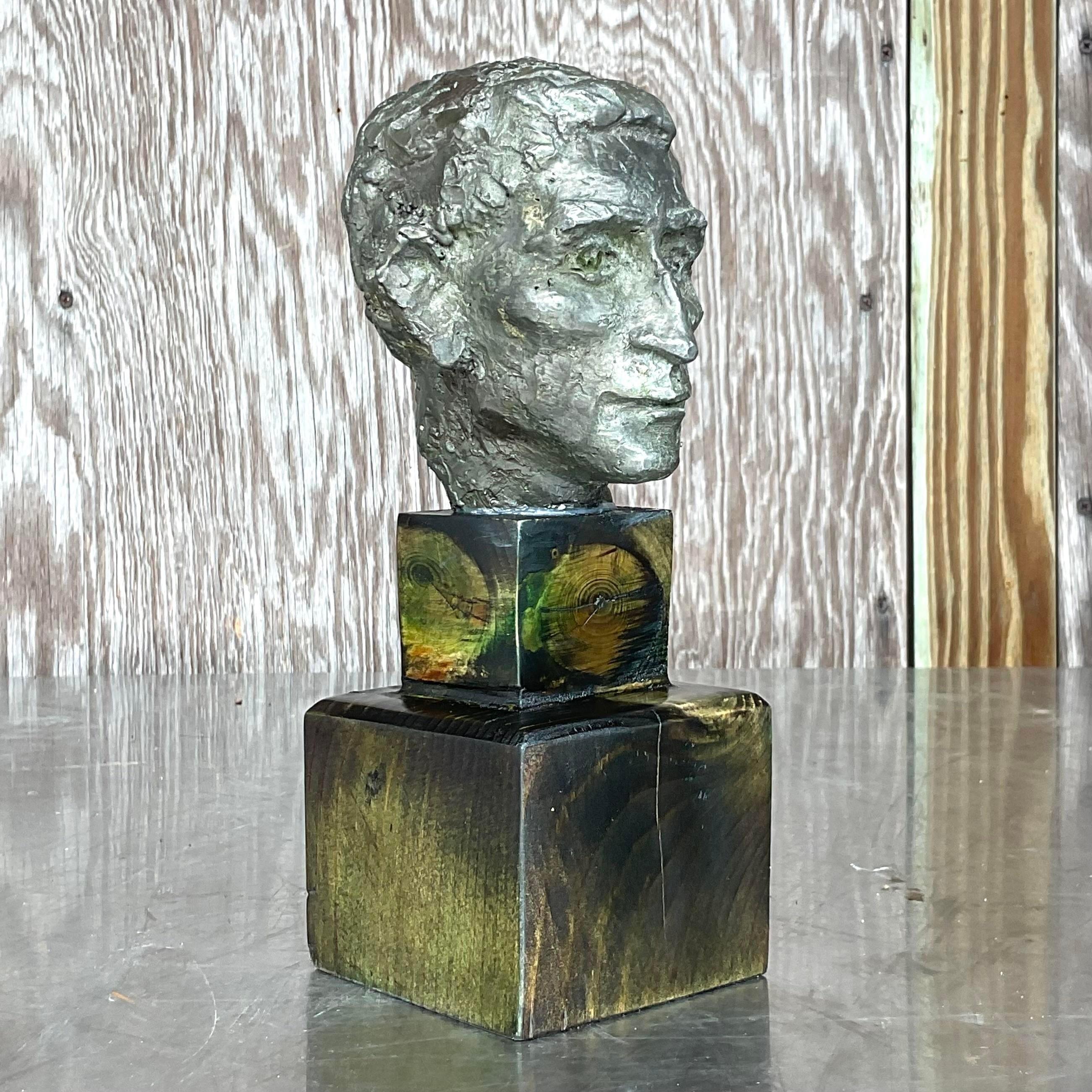 20th Century Vintage Patinated Metal Bust of Man For Sale