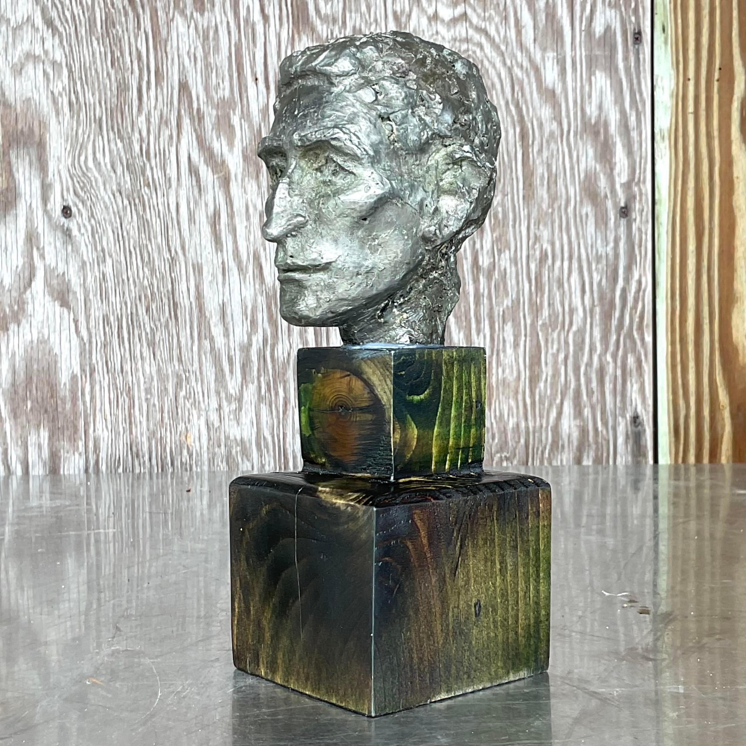 Vintage Patinated Metal Bust of Man For Sale 2