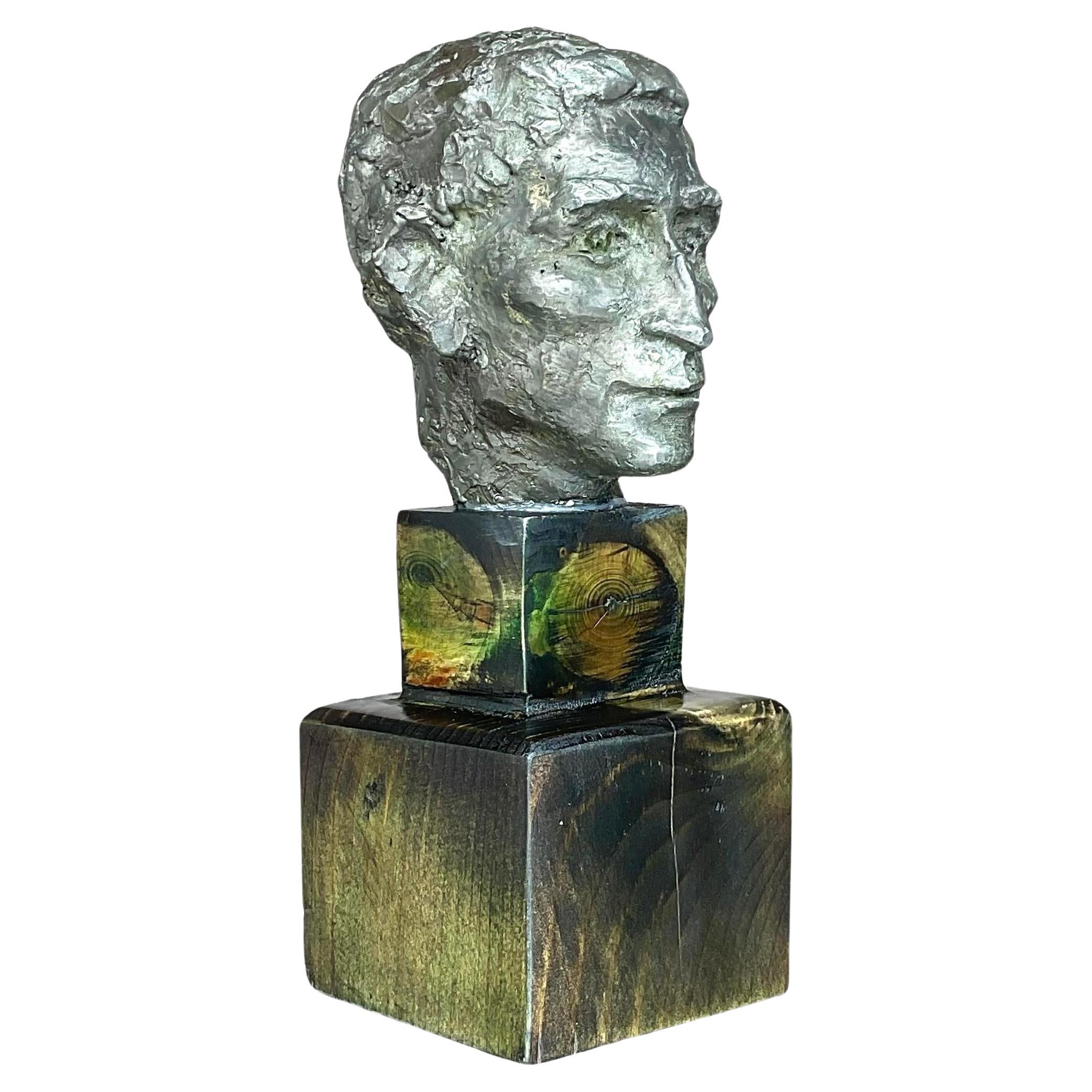 Vintage Patinated Metal Bust of Man For Sale