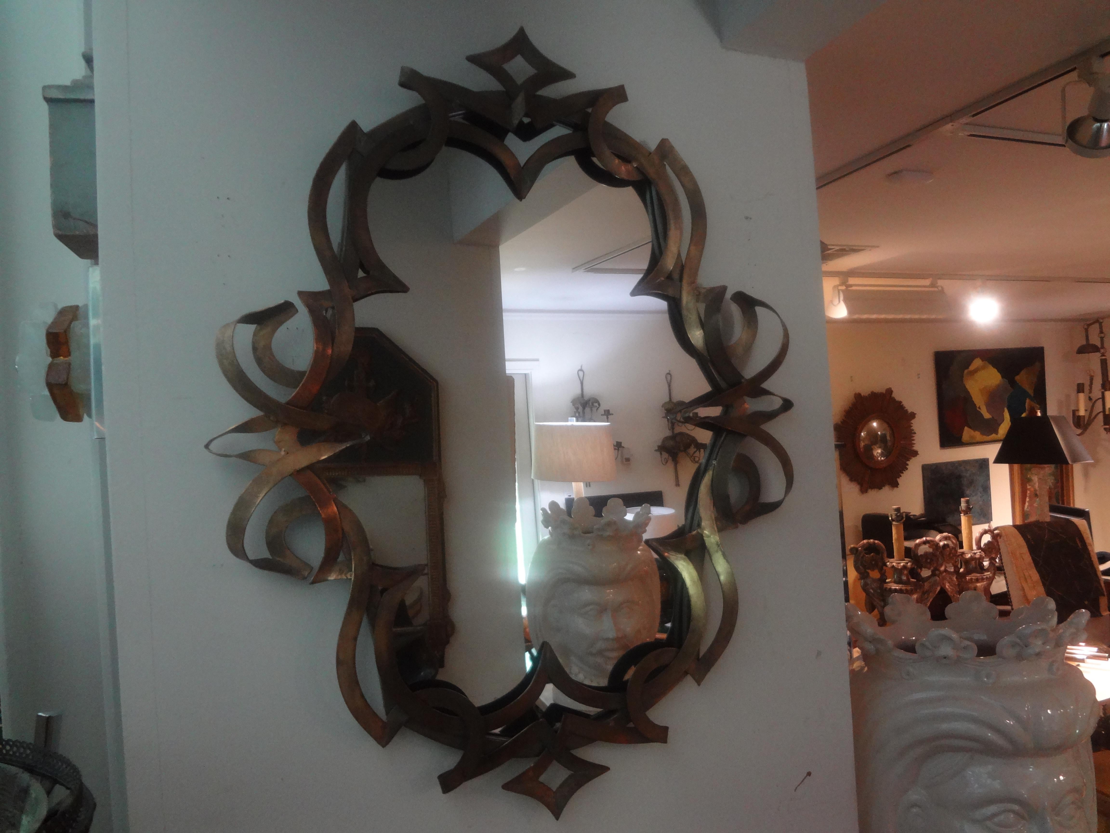 Vintage Patinated Metal Ribbon Mirror For Sale 2