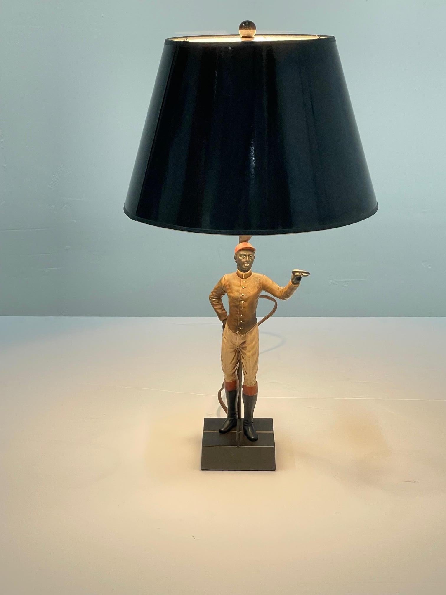Vintage Patinated Metal Table Lamp with Sporty Standing Jockey For Sale 3