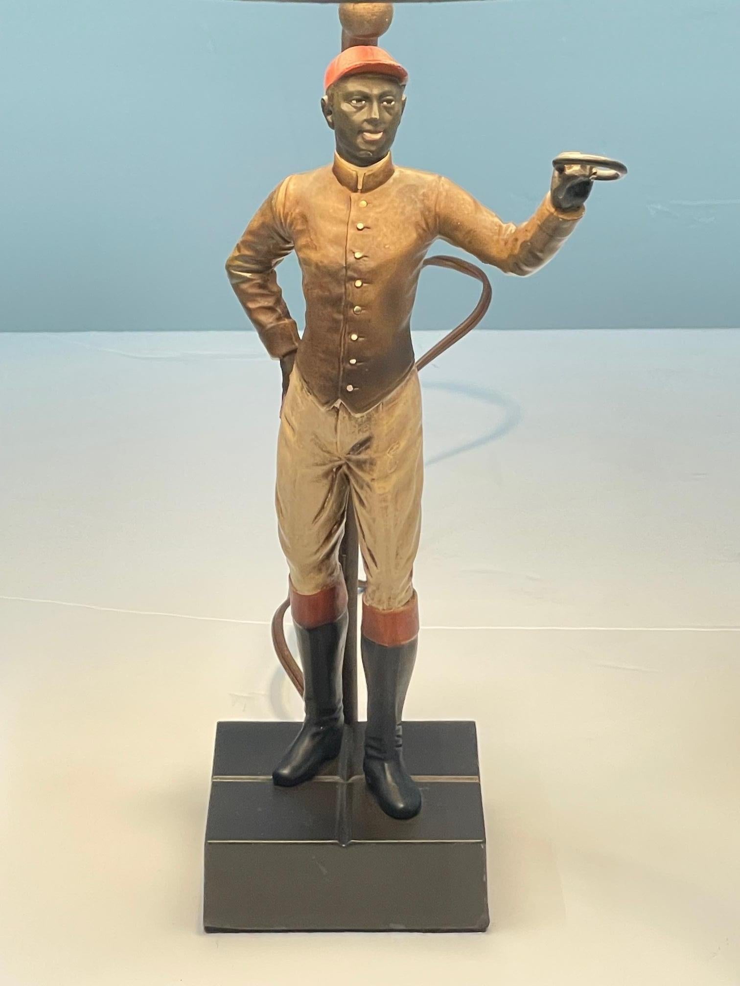 Vintage Patinated Metal Table Lamp with Sporty Standing Jockey 4