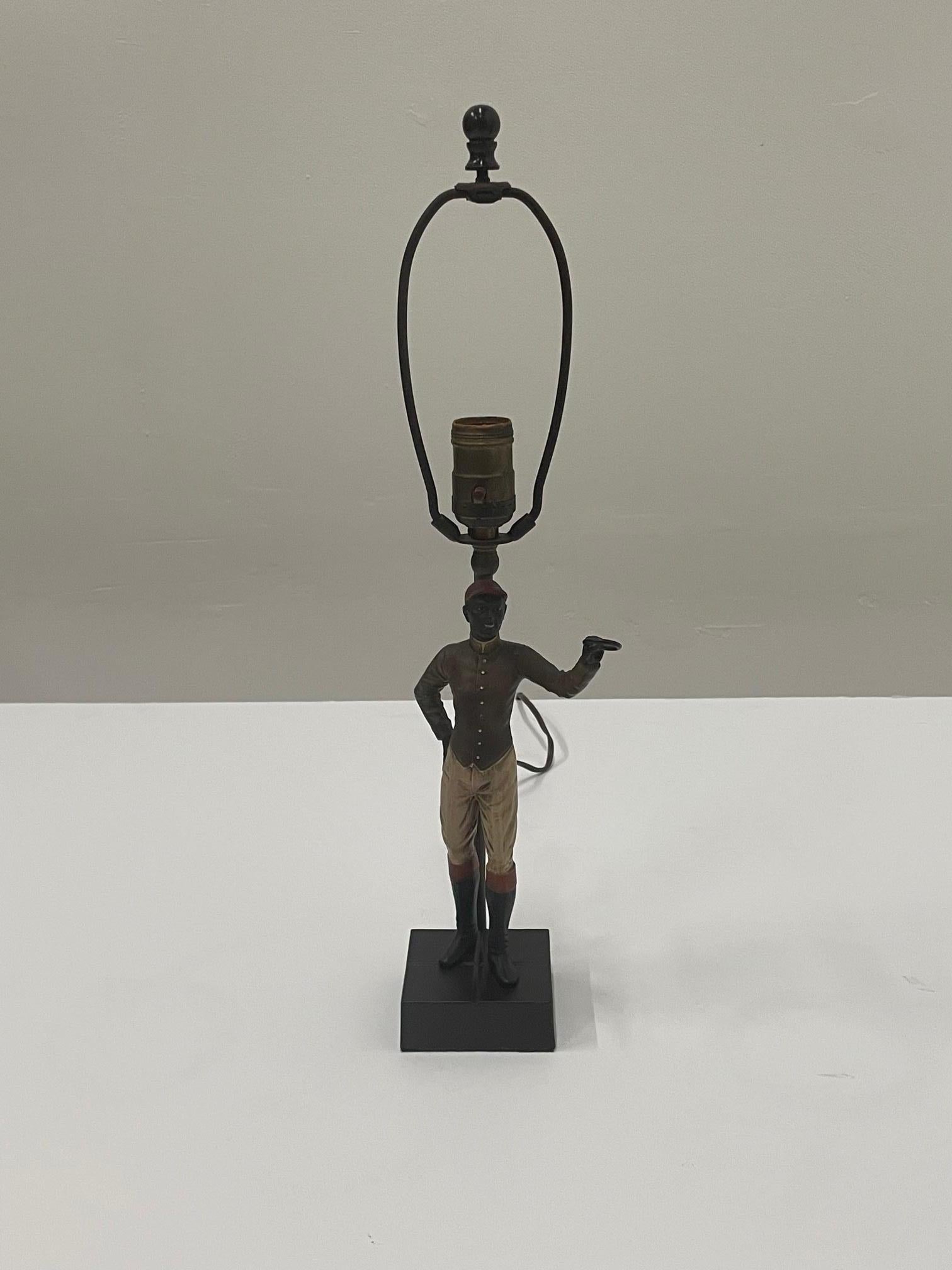North American Vintage Patinated Metal Table Lamp with Sporty Standing Jockey For Sale