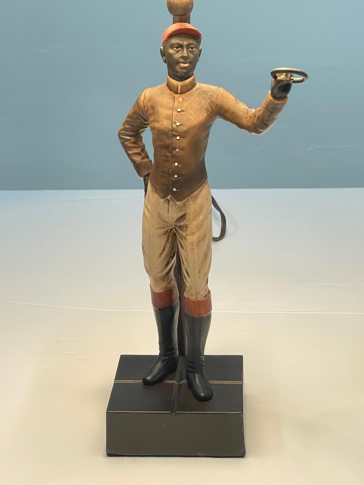 Vintage Patinated Metal Table Lamp with Sporty Standing Jockey In Good Condition In Hopewell, NJ