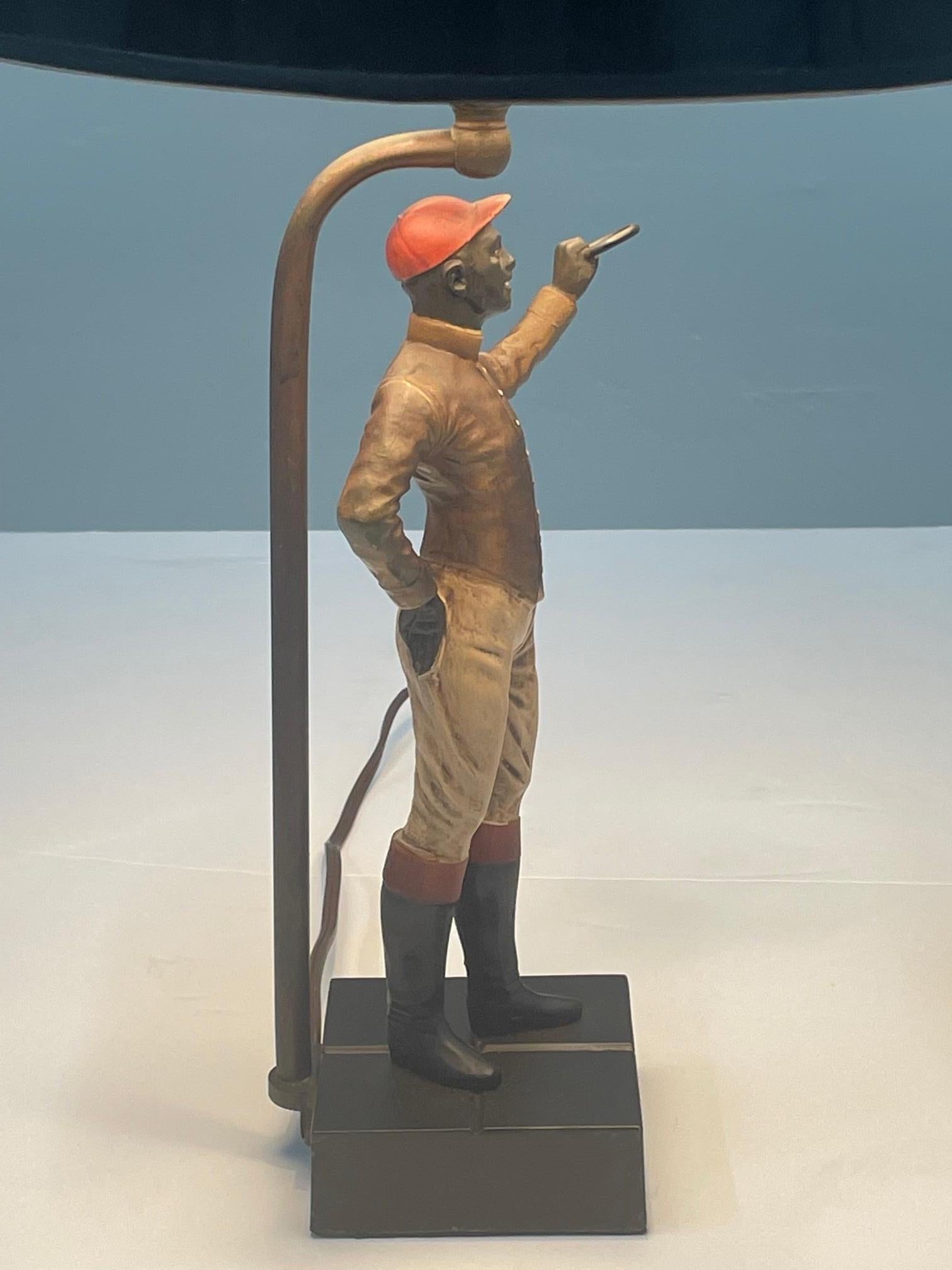 Mid-20th Century Vintage Patinated Metal Table Lamp with Sporty Standing Jockey For Sale